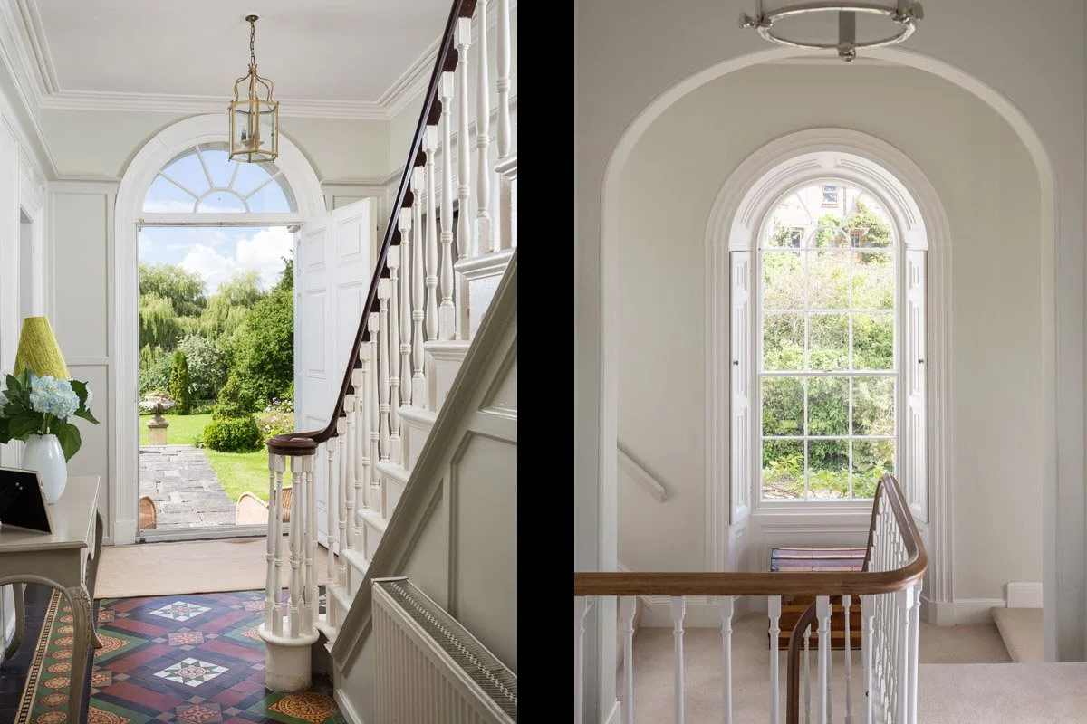 left image: portrait shot of hallway with open front door overlooking sunny garden, stair case on right, traditional tile flooring, image on right: portrait shot of landing with curved wooden banister tall sash window 