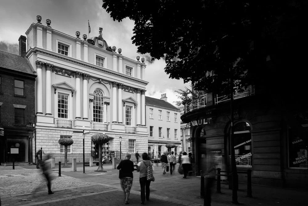 Bradford city hall front shot after recent restoration work in black and white