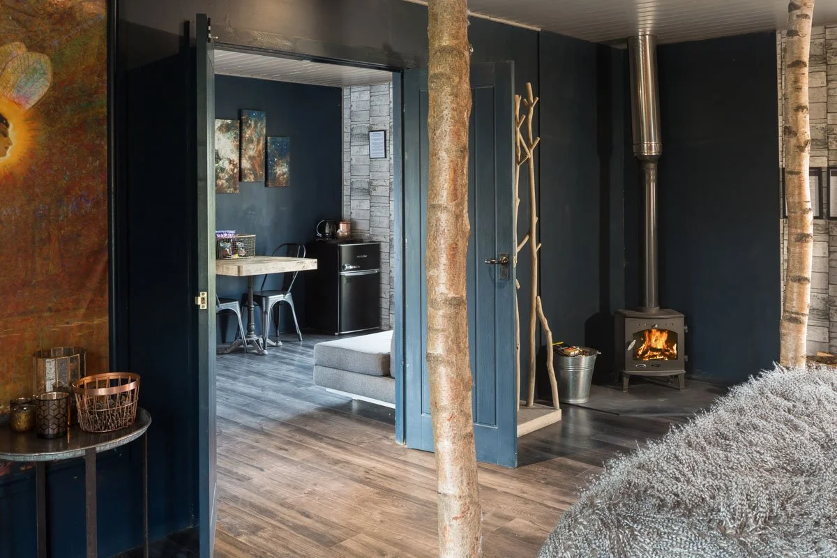 detail shot of cabin bedroom with navy walls and glimpse through to living area beyond 