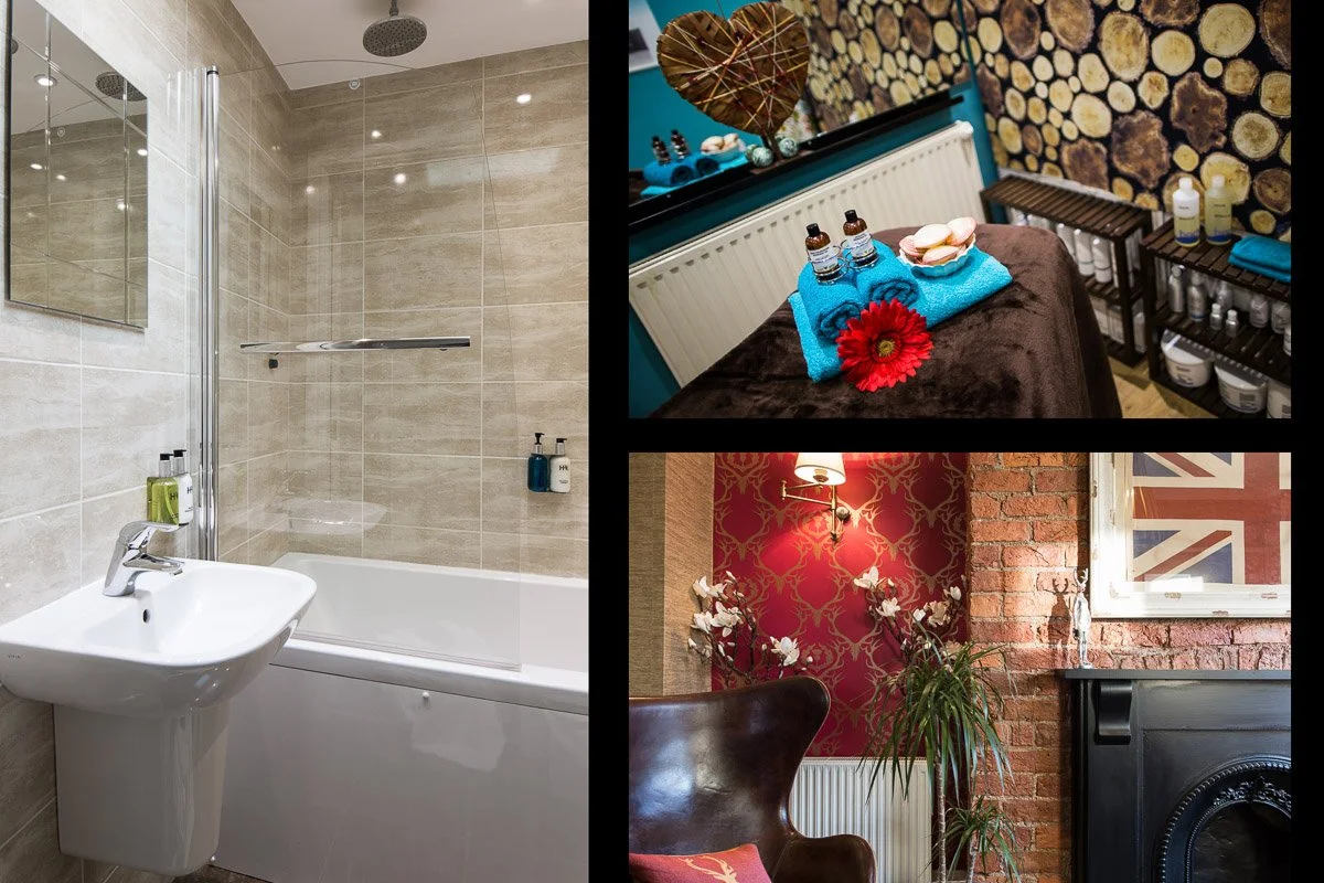 image on left: portrait shot of bathroom with bath/shower, sink, beige tile walls and wall mirror, image top right: detail shot of massage therapy table with essential oils and blue towels, image bottom right: one point perspective of fireplace with 