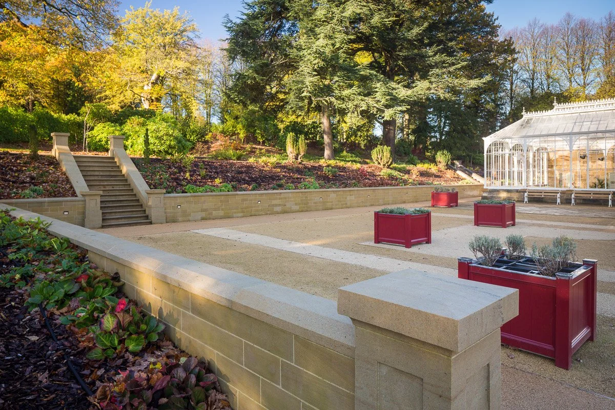 detail of the paved gardens of wentworth castle, sloped walled garden surrounds the conservatory 