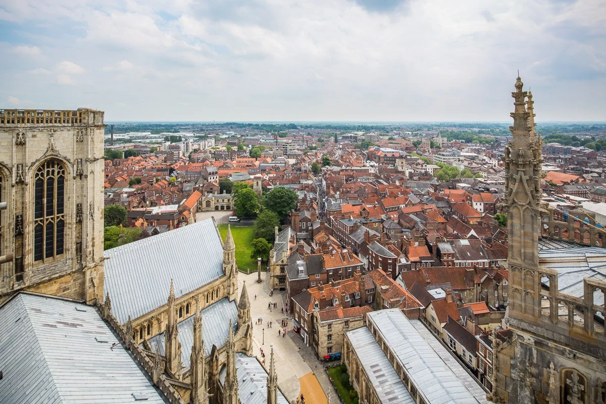 aeiral drone image from the top of york minster looking over york city centre