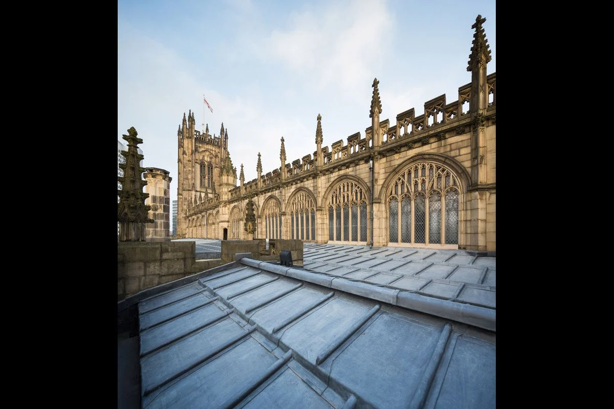 recently restored manchester cathedral rooftop