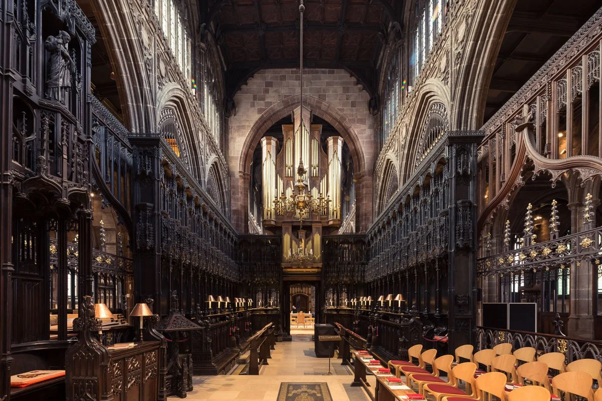 inside nave of recently restored Manchester cathedral 