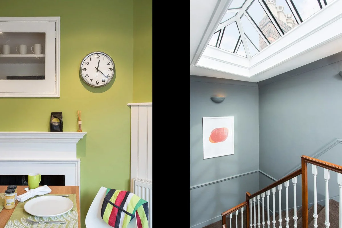 image on left: green wall with fireplace and dining table, image on right: top floor landing with stair case leading down, powder blue walls, larger lantern skylight 