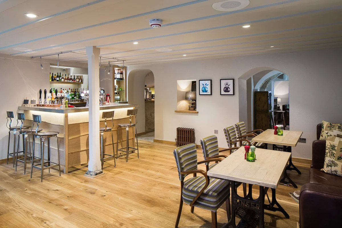 cellar bar are with tables set up for dining