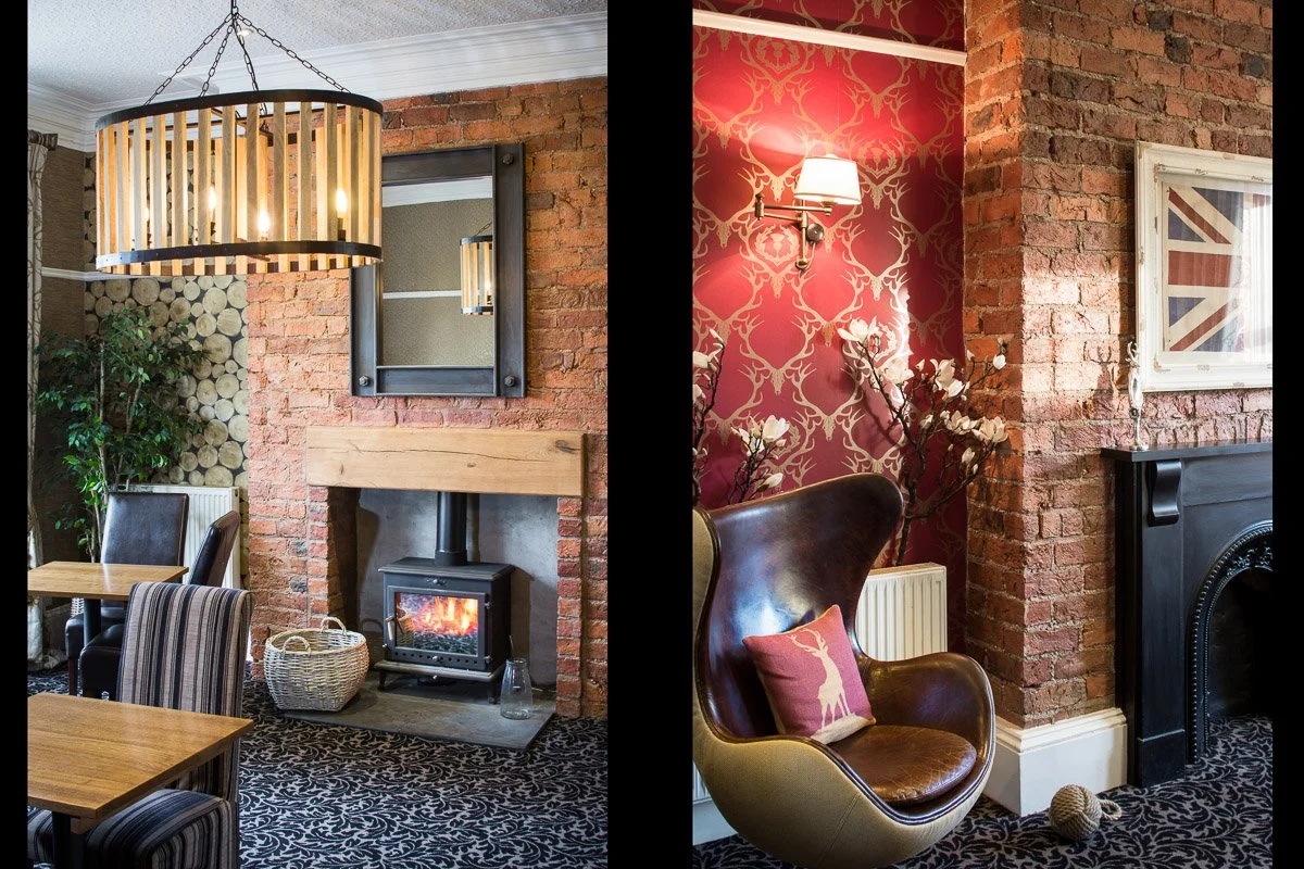 image on left: detail of hotel dining room, brick surround fire place with log burner, multiple sets of chairs and tables, image on right: detail shot of lounge fireplace with brick surround, red wall paper, leather chair to left 