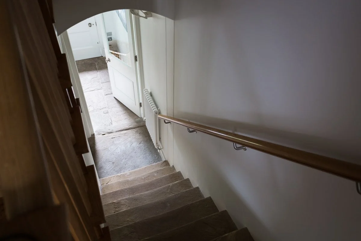 dark back staircase with concrete stairs and wooden door at bottom