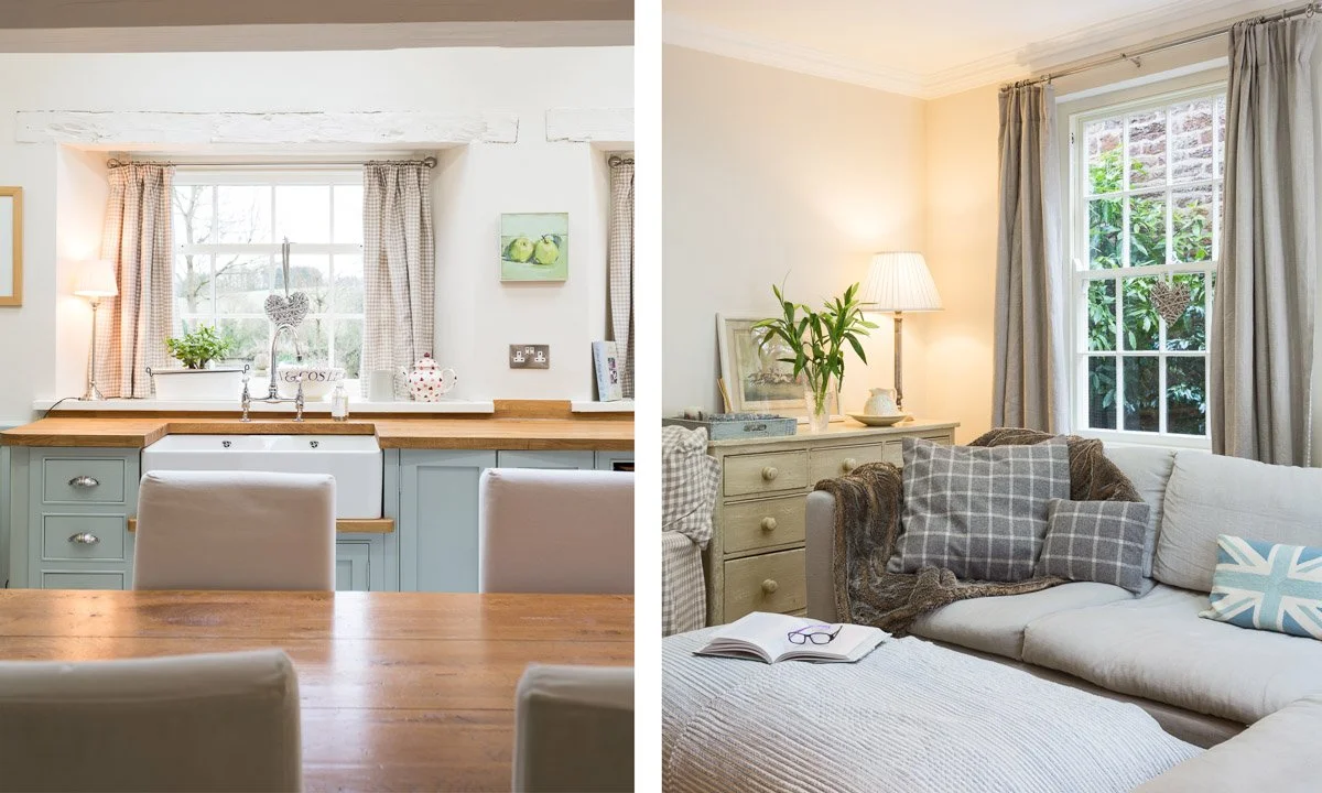 left: detail of kitchen sink looking across dining table towards sink and window, right: reading nook with grey sofa below sash window