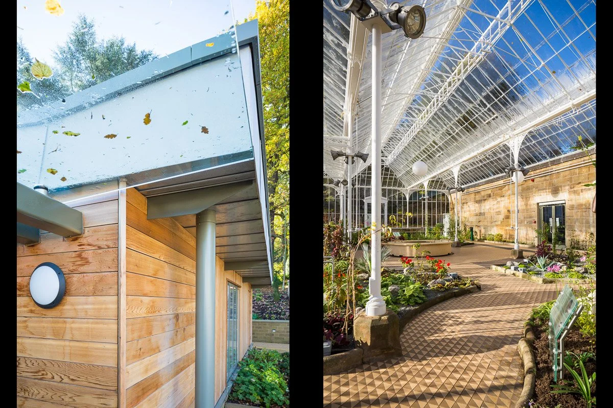left: more modern part of wentworth castle conservatory with wood panelling, right: portrait image inside wentworth castle conservatory with various plants being grown 