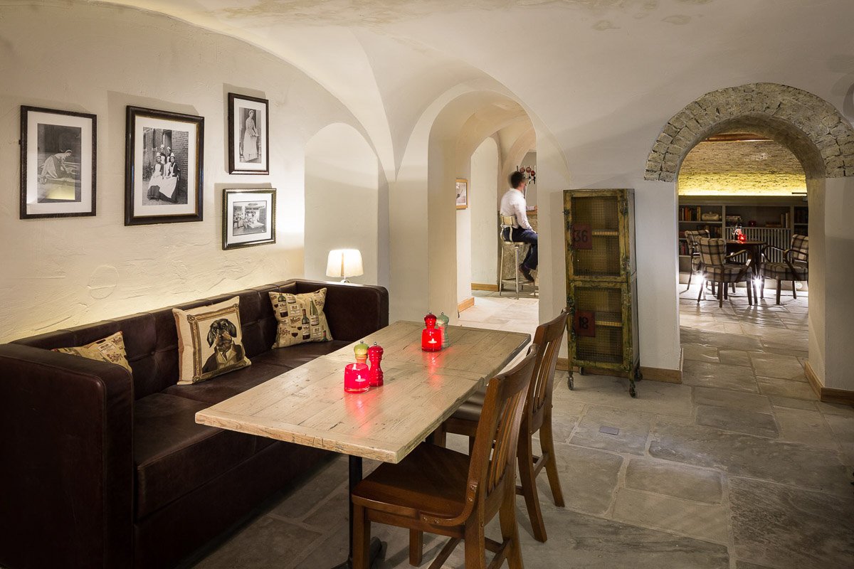 cellar bar are with tables set up for dining