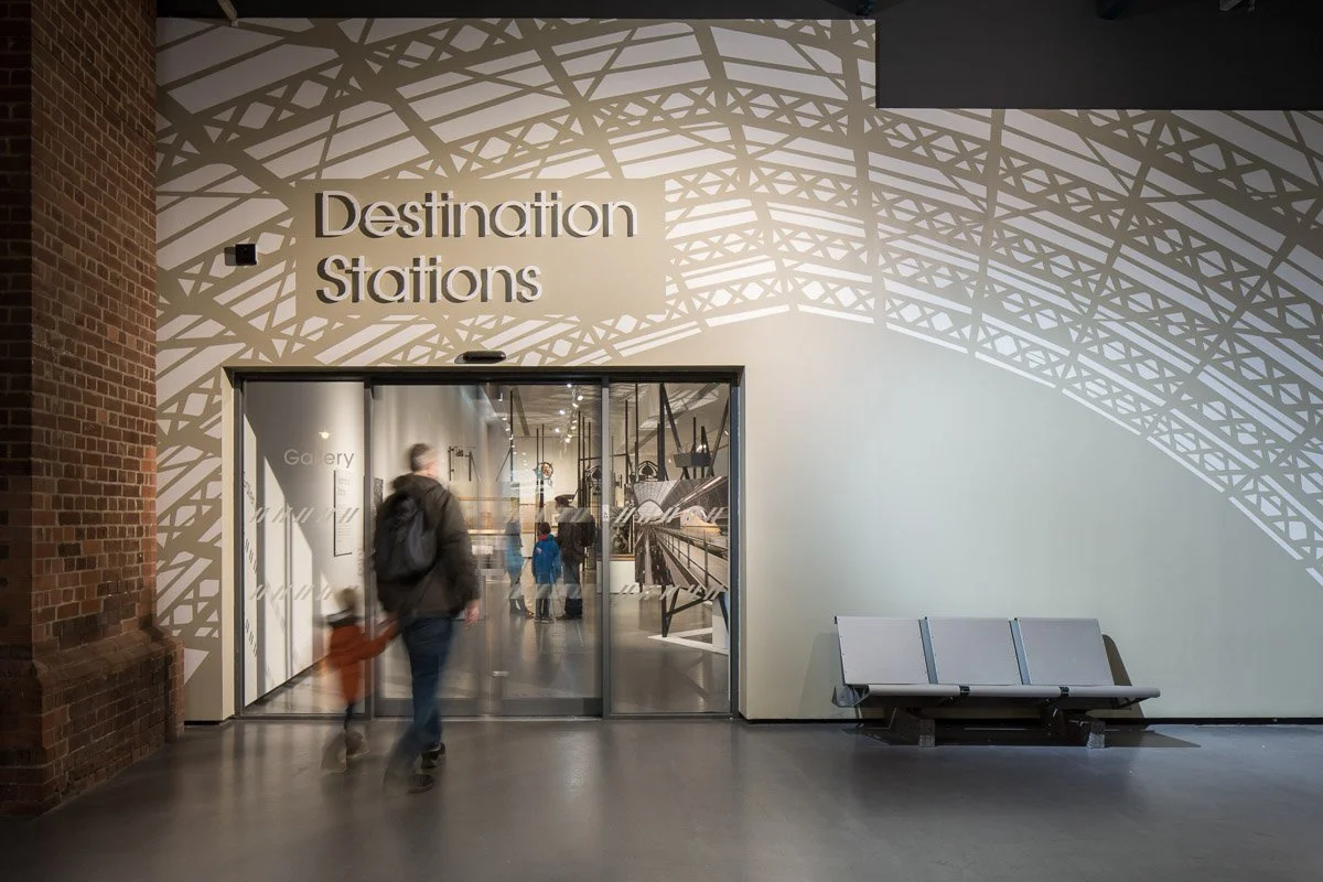 entrance to the exhibition 'destination stations' at the National railway museum in york 