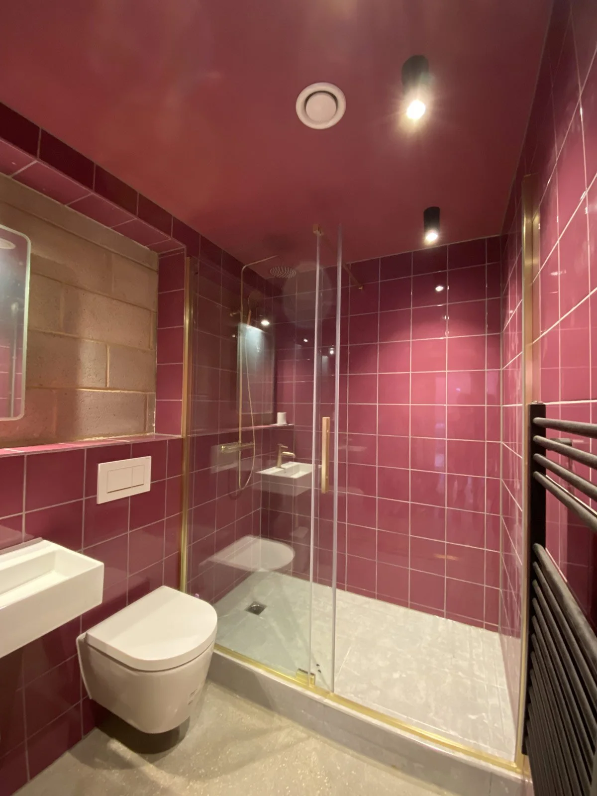 Modern bathroom with pink tiled walls, glass shower enclosure, white toilet, small sink, and black heated towel rail.
