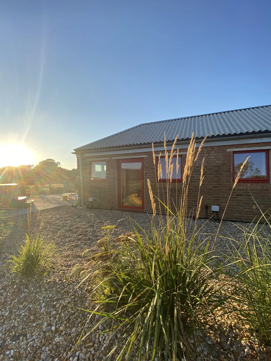 A brick house with a metal roof, surrounded by a gravel yard with tall ornamental grasses, during sunset with clear blue sky.