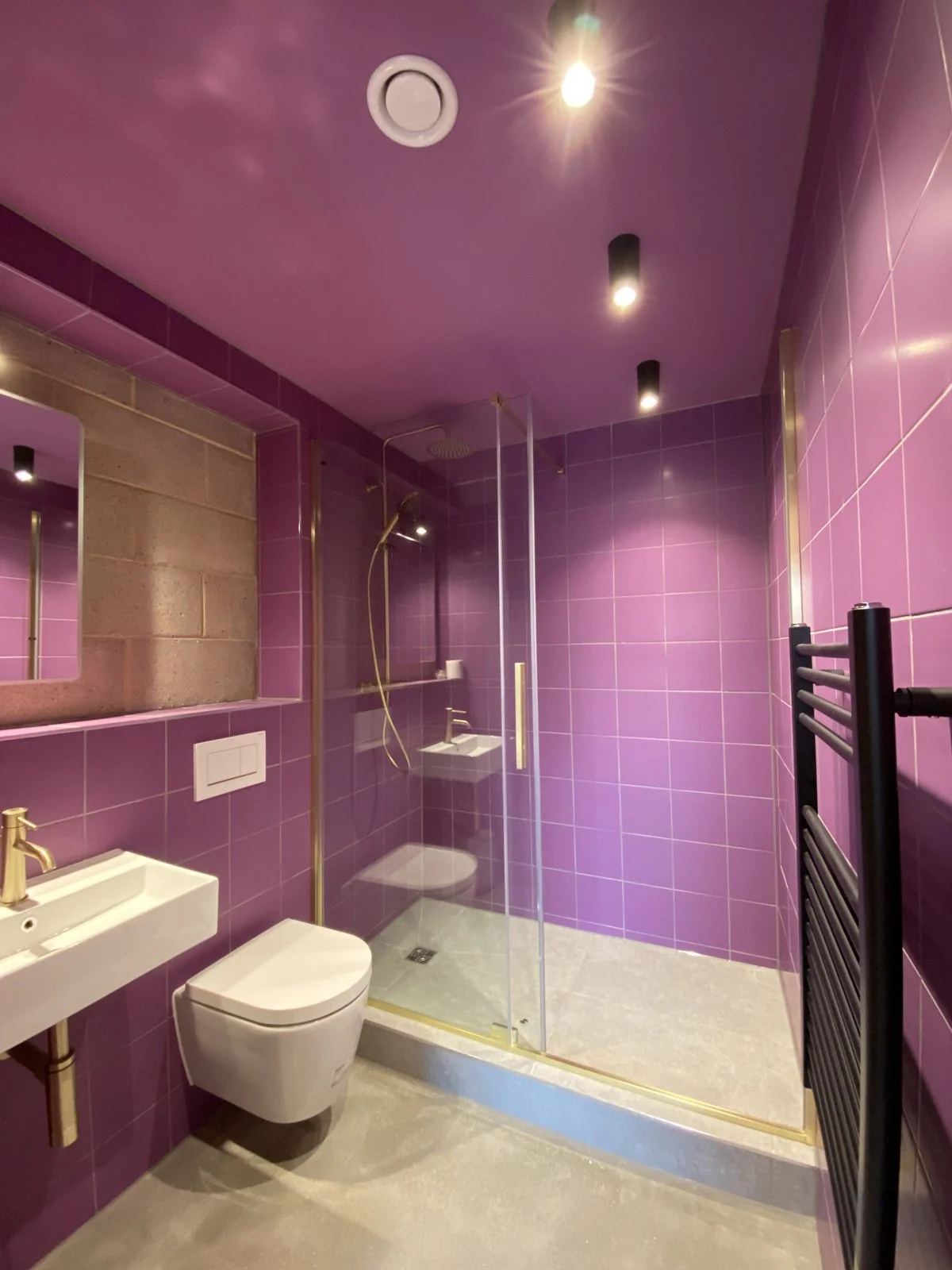 A modern bathroom with purple tiled walls, a glass shower enclosure, a wall-mounted toilet, a small sink with a gold faucet, a mirror, and a black heated towel rail.