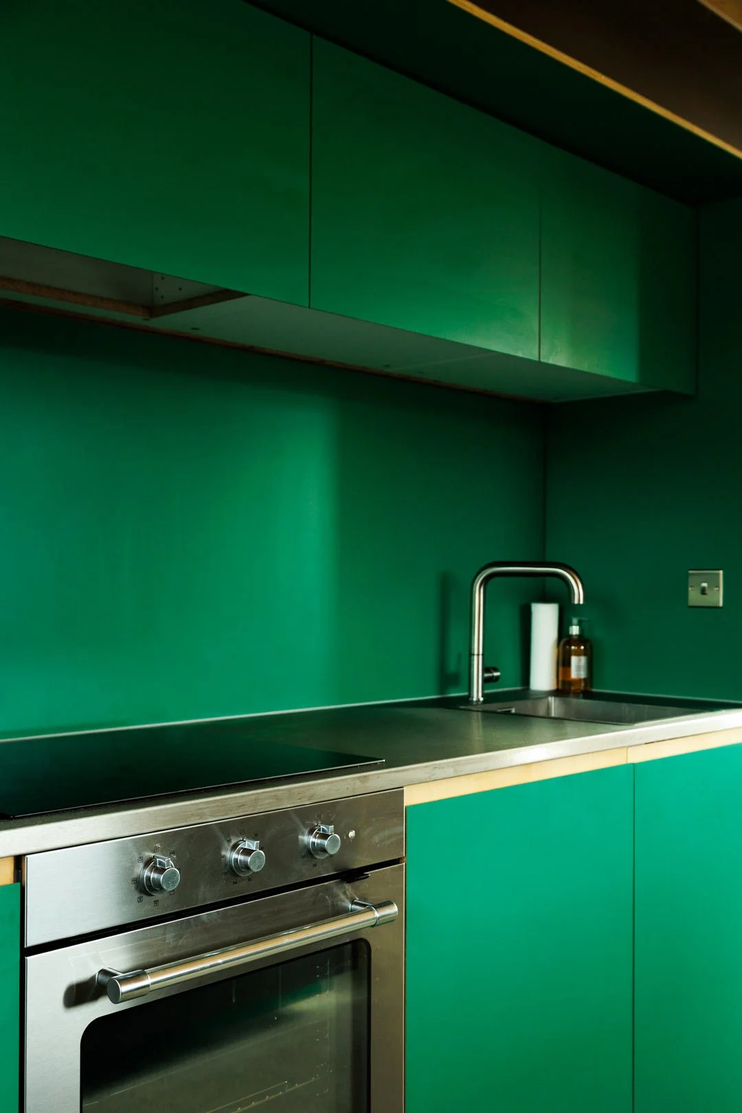 Modern kitchen with green cabinets, stainless steel oven, and black countertop, including a sink and soap dispenser.