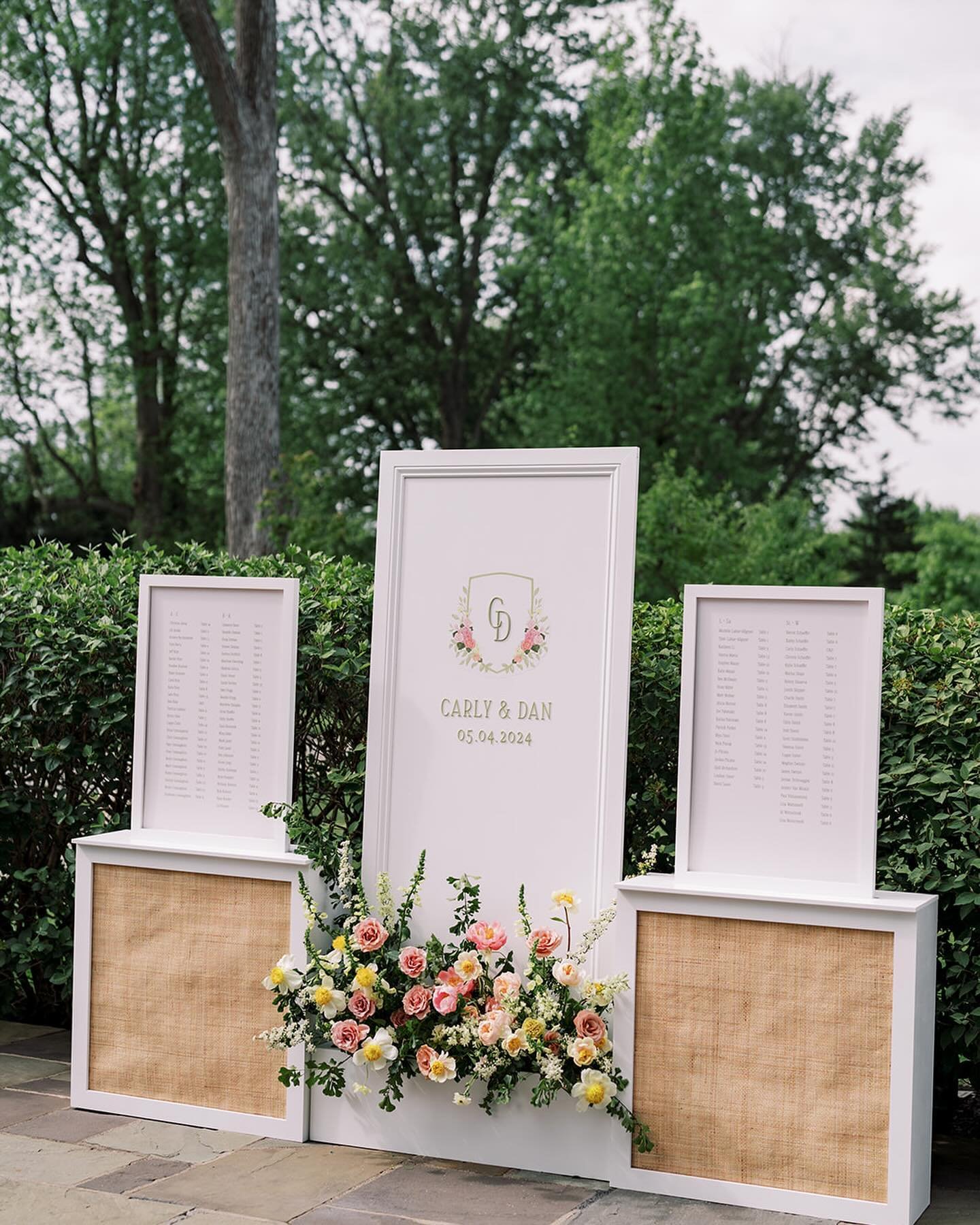 A full service design that weaved rattan, a spring color palette, and dainty art details from beginning to end.

Items provided: 
Invitation Suite
Seating Chart
Bar Signs
Menus
Placecards
Table Numbers
Bar Vinyl Art
Dj Booth Facade

Planning &amp; De