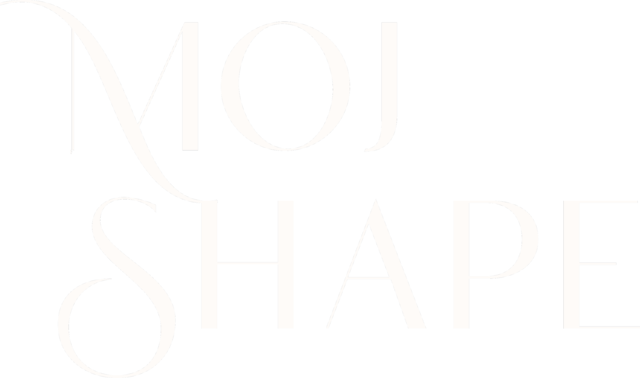 Der Schriftzug 'MOJ SHAPE' in weißen Buchstaben auf freigestellten Hintergrund.