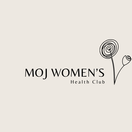 Logo des MOJ WOMEN'S Health Clubs mit Blumenillustration in Schwarz auf hellem Hintergrund.