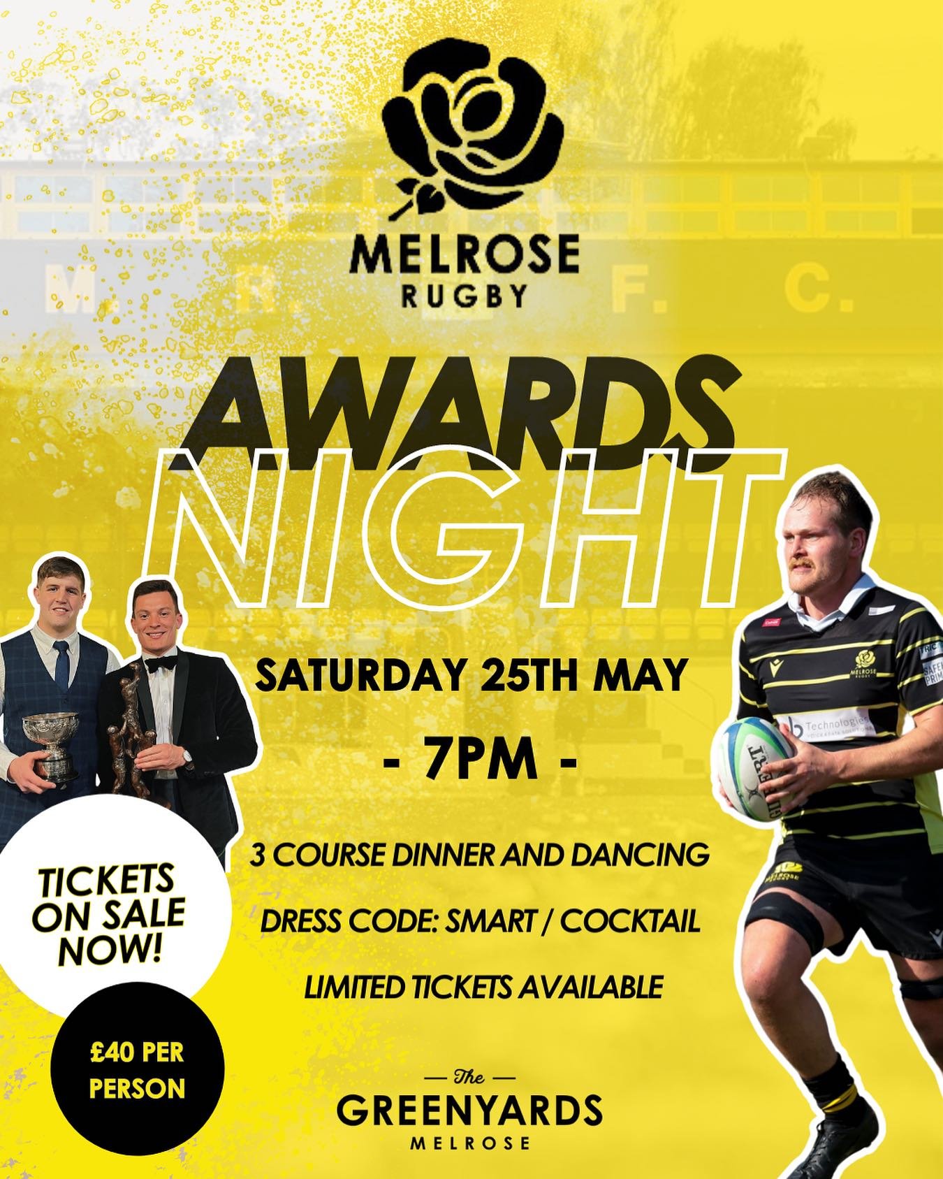 𝘼𝙬𝙖𝙧𝙙𝙨 𝙉𝙞𝙜𝙝𝙩 🏆

Tickets for this seasons Awards Night are now on sale for Melrose Rugby Club members! There is only a limited number of spaces available so don&rsquo;t miss out&hellip;

⏰ 7pm start
🗓️ Saturday 25th May
🍸 Dress code: sma
