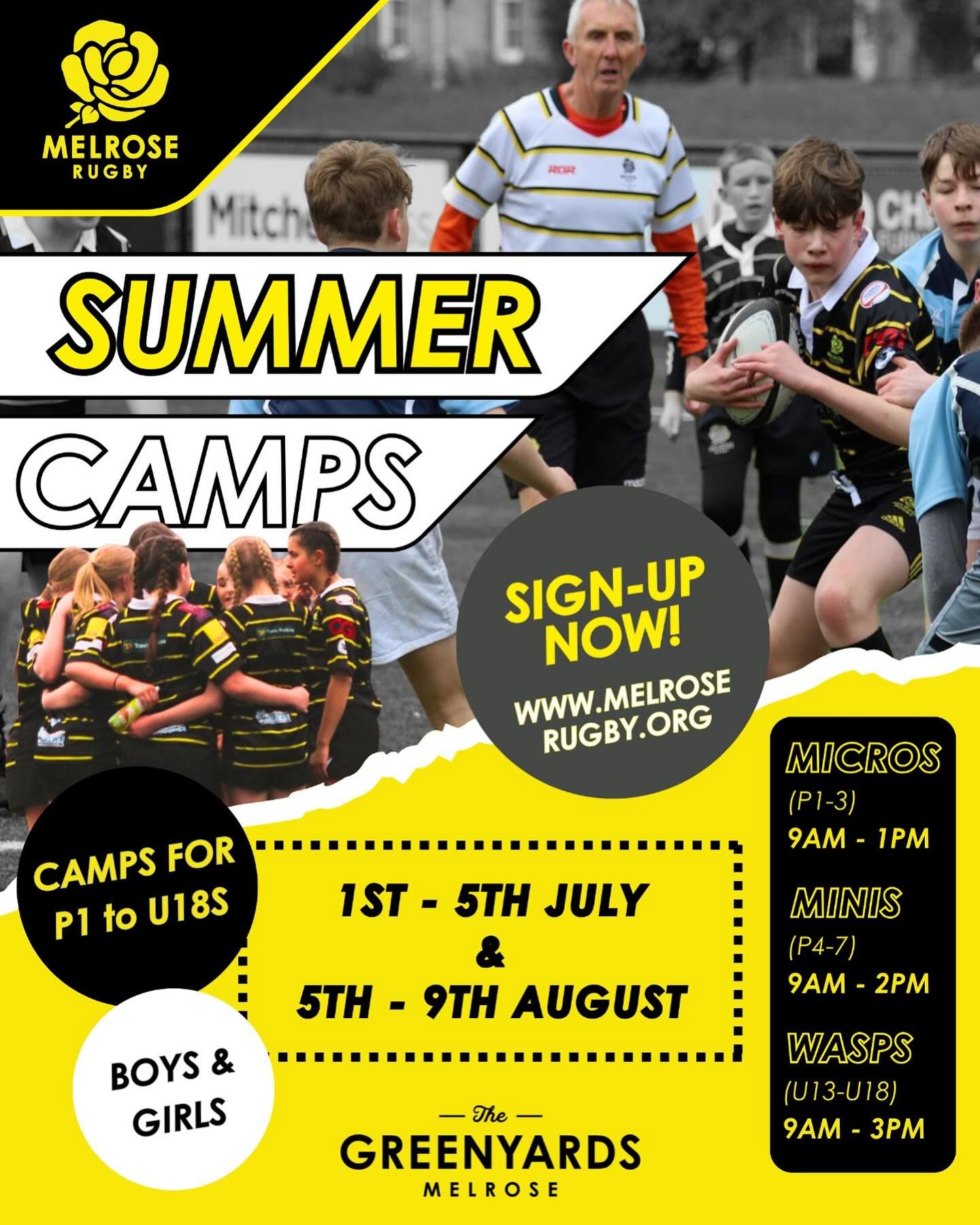 MELROSE RUGBY CAMPS ARE LIVE FOR BOOKING ⬇️ 

July Camp - Monday 1st - Friday 5th July
Pre-Season Camp - Monday 5th August - Friday 9th August

Primary School aged Hornets &amp; Queen Bees will develop their Core Skills &amp; Game Intelligence throug