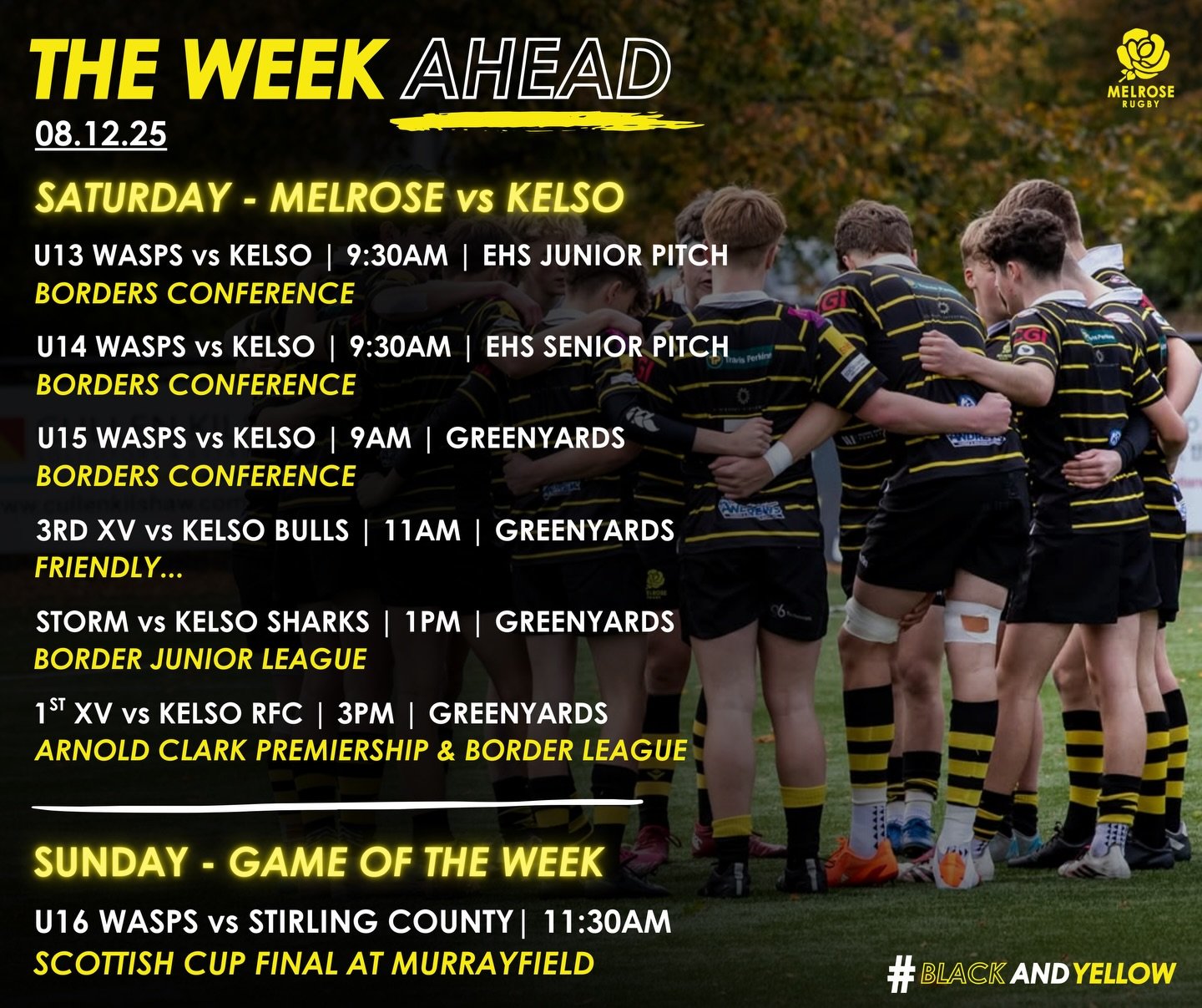 The Week Ahead 🗓️

It&rsquo;s a HUGE weekend for the Club! A full Saturday of fixtures against Kelso, from U13s all the way to some more experienced campaigners in our revived 3rd XV&hellip;

With two crucial matches for both the Storm and 1st XV to