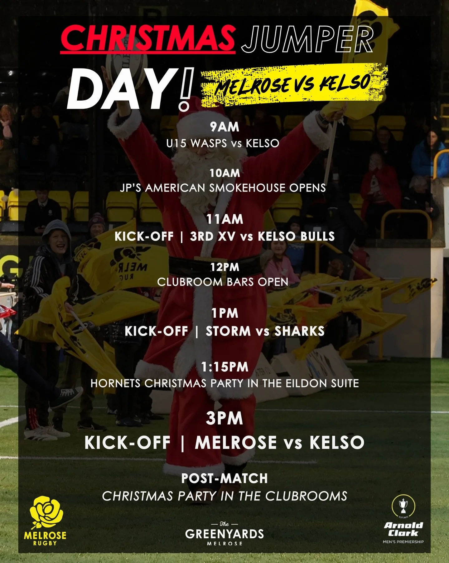 GAMEDAY TIMINGS | 𝘾𝙝𝙧𝙞𝙨𝙩𝙢𝙖𝙨 𝙅𝙪𝙢𝙥𝙚𝙧 𝘿𝙖𝙮 🎅🏻

All the timings you need for tomorrow&rsquo;s massive day at the Greenyards!

Don&rsquo;t forget your jumper 😅

#blackandyellow🐝