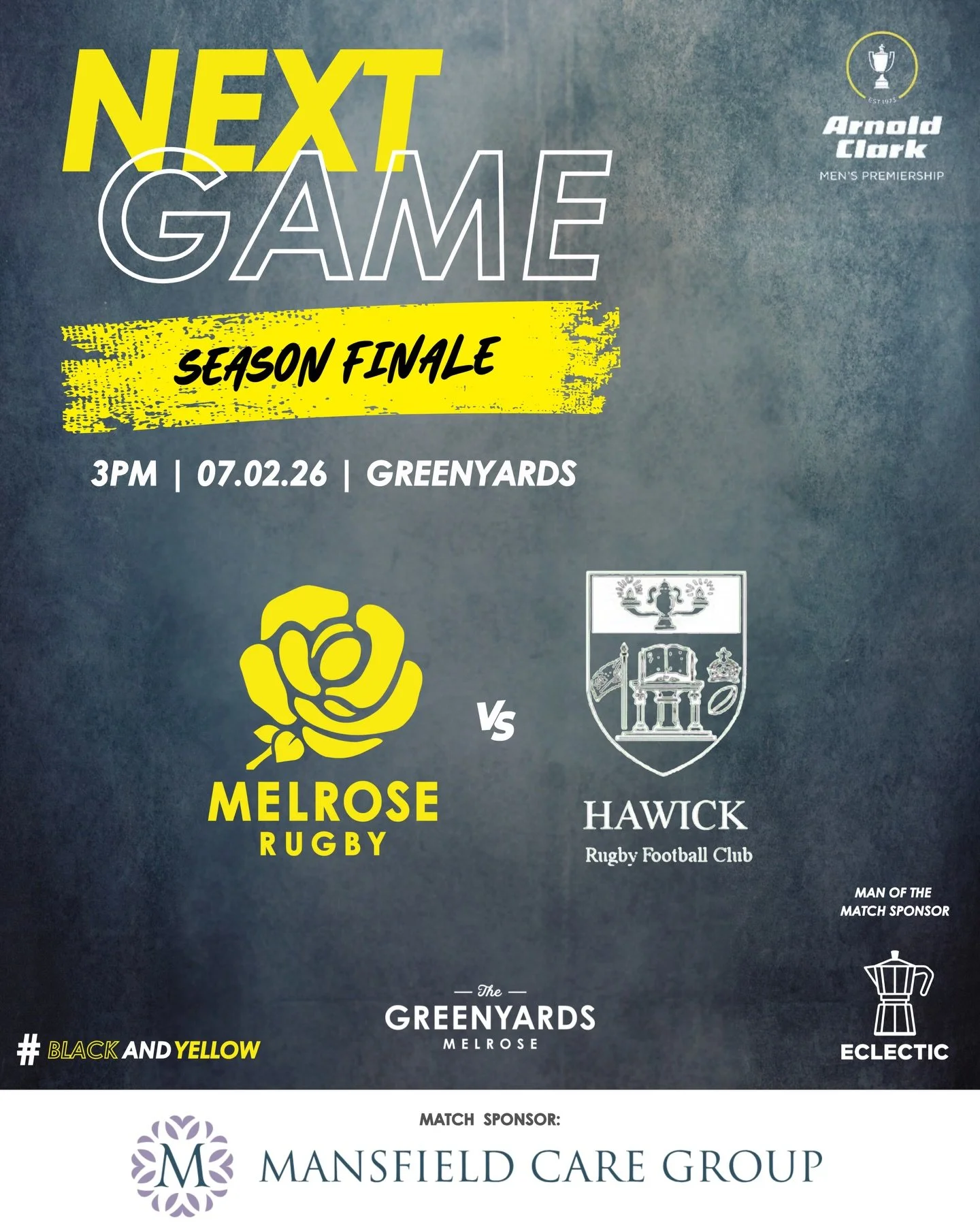 NEXT GAME | Season finale at the Greenyards! 

It&rsquo;s our final Premiership Fixture of the season this Saturday, as we welcome Hawick to the Greenyards.

Thank you to both our match sponsor Mansfield Care Group and man of the match sponsor Eclect