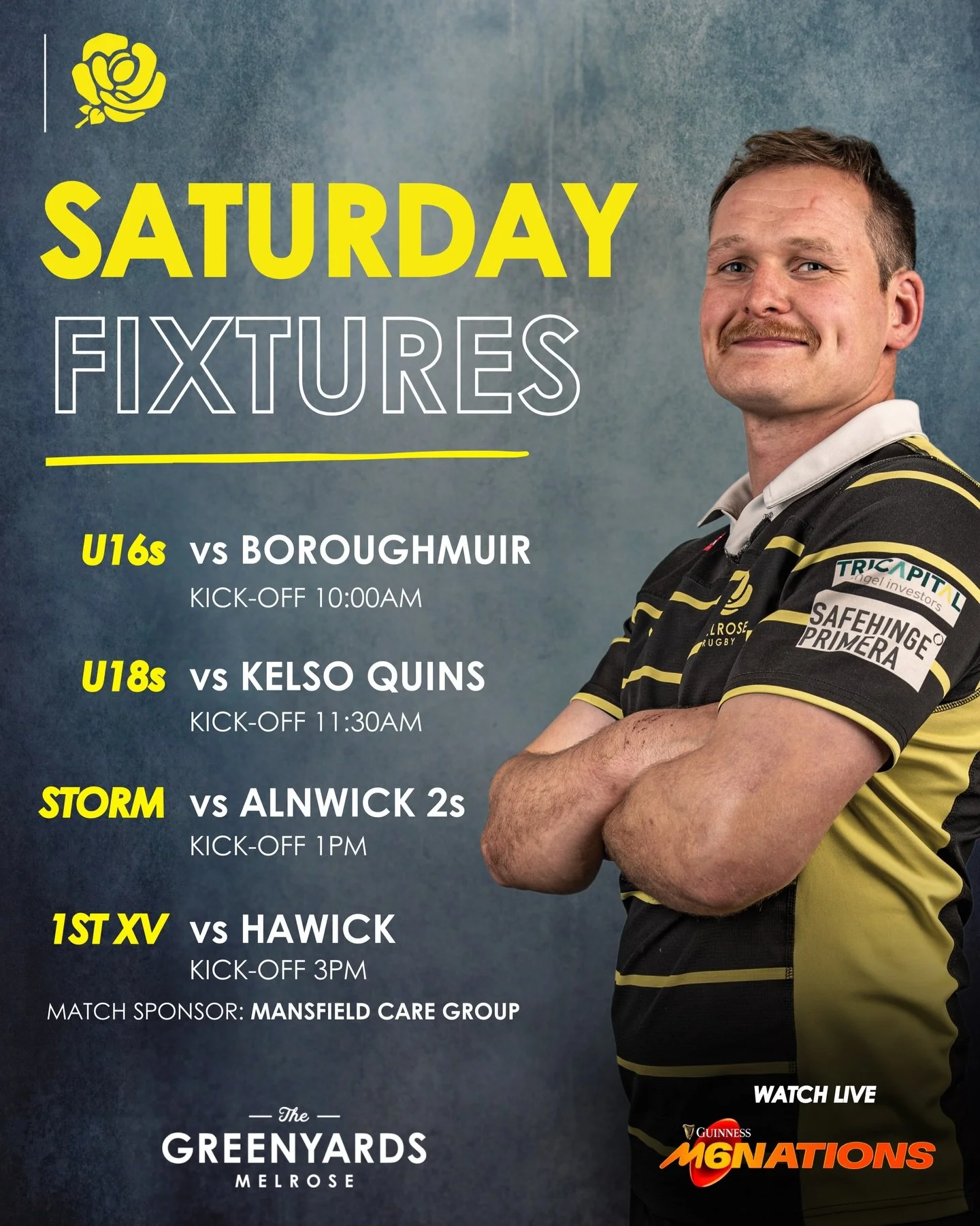 SATURDAY | Quadruple-header 🏉 

Another busy day at the Greenyards this Saturday!

Four games of rugby back to back, plus the Six Nations live in the Clubrooms. 

See you all there 🫡

#BlackandYellow🐝