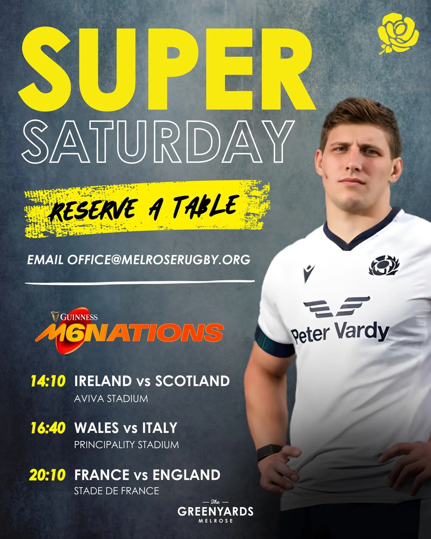 SUPER SATURDAY | Reserve a table now ‼️

Don&rsquo;t miss out on our Super Saturday celebration on the 14th March at the Greenyards.

Email office@melroserugby.org to reserve your table!

#BlackandYellow🐝
