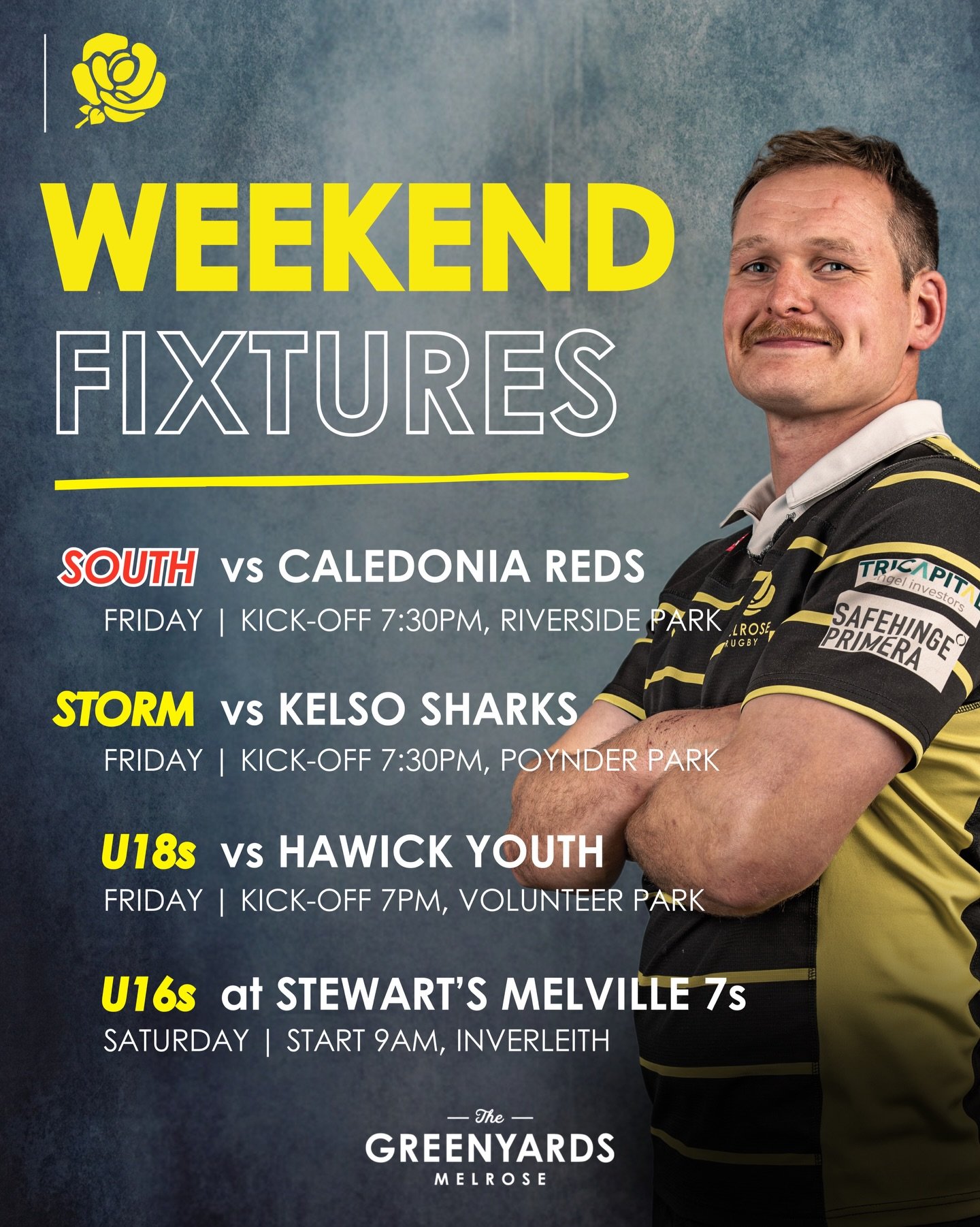 FIXTURES | This weekends line-up 🔥

All teams are playing away from the Greenyards, with Friday night lights x3, plus some 7s on Saturday for the U16s!

U13s, 14s &amp; 15s games are still TBC, so watch this space..

#blackandyellow🐝