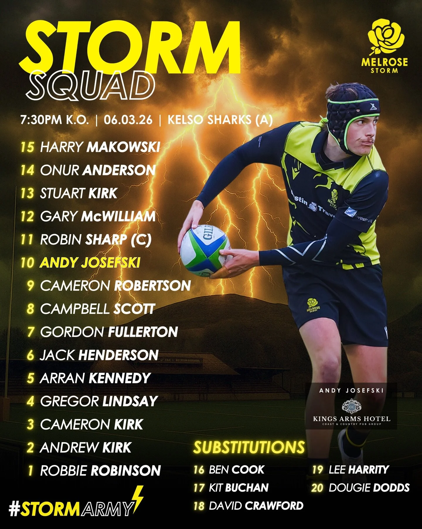 SQUAD | Storm team for tonight ⚡️

The Storm Army head to Poynder Park for a Border Junior League Cup match against the Kelso Sharks! 

Good luck team 👊

#BlackandYellow🐝