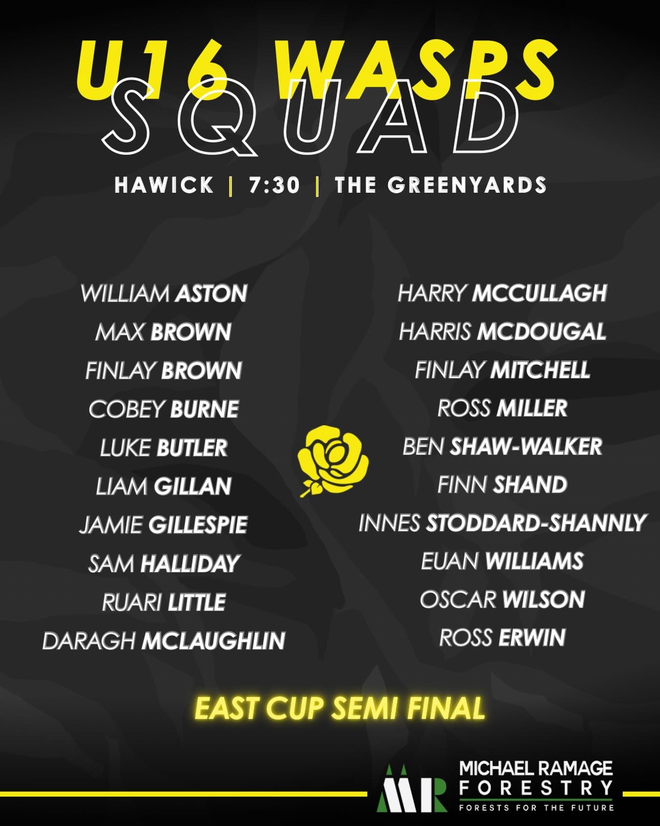W A S P S | U16 Cup Semi Final ⚫️🟡

Fixture details below ⬇️ (subject to change)

🏆 U16 East Cup Semi Final
📅 Thursday 19 March 
🕢 7:30 PM
🏉 U16 Wasps 🆚 Hawick Youth 
📍The Greenyards

#blackandyellow