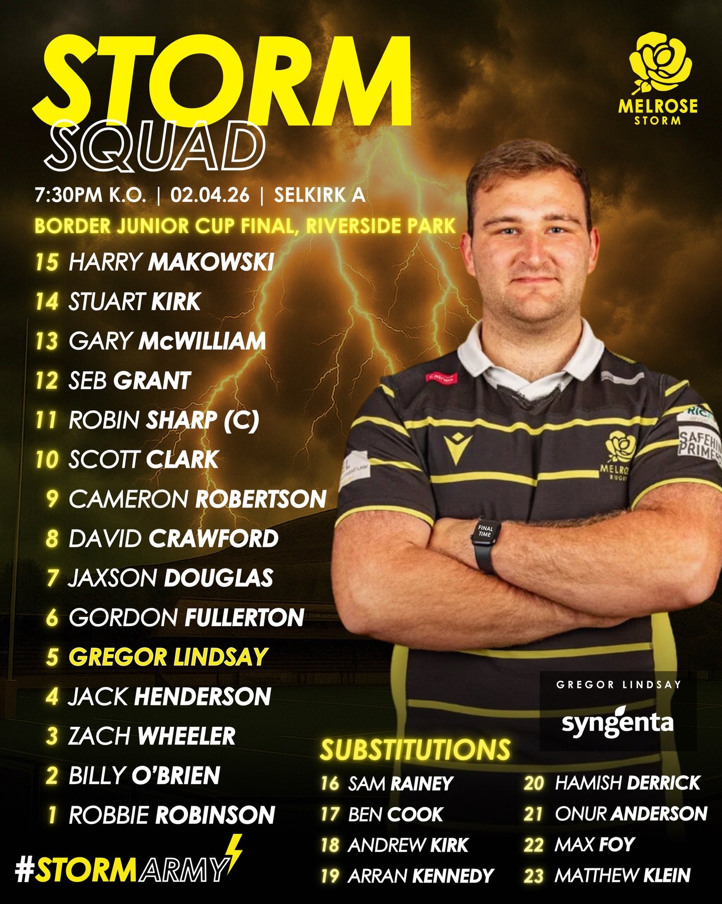 STORM | *checks Grogs watch for the time* 🏆

The Storm squad for tomorrow night&rsquo;s Border Junior League Cup Final against Selkirk A at Riverside Park!

7:30pm kick-off, see you there ⚡️⚡️⚡️

#BlackandYellow🐝