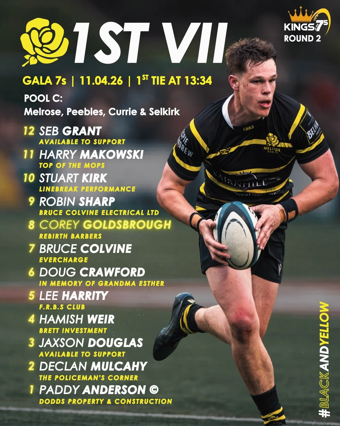 ＳＱＵＡＤ | Kings of the 7s Rd. 2 👑

Our Kings of the 7s title defence starts again tomorrow at @gala_rugby&rsquo;s Maroon&rsquo;d!

The team&rsquo;s first tie is against Peebles at 1:34pm 🏉

#blackandyellow🐝