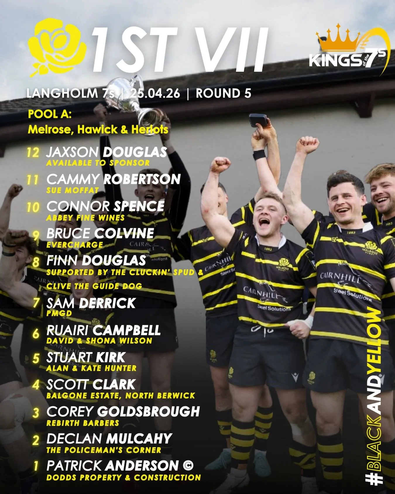 Here is your 7s squad heading to Langholm. 
🟡⚫️First tie @ 14:00 ⚫️🟡

#blackandyellow
