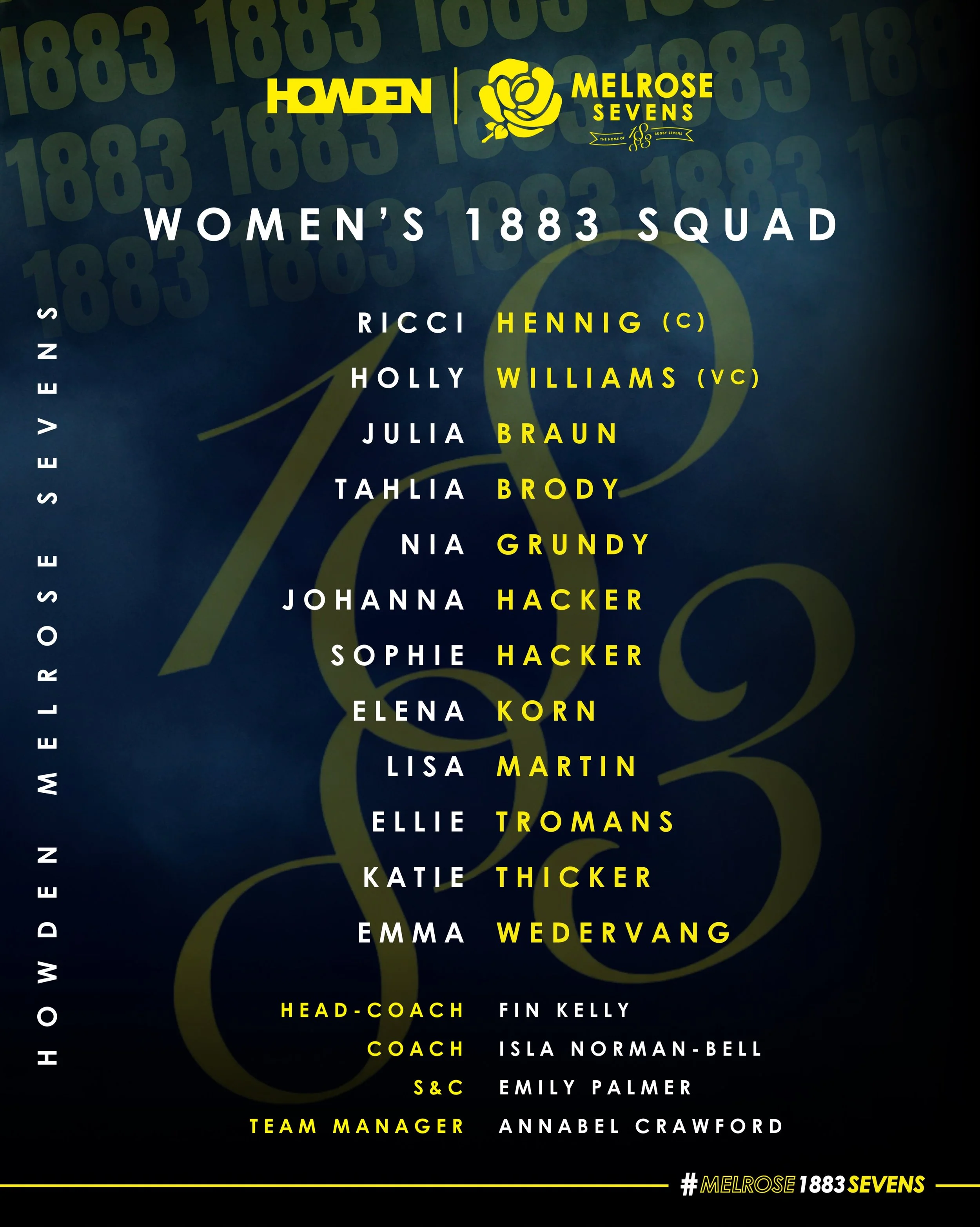 SQUAD | The Women&rsquo;s 1883 squad for the @howdenmelrose7s 🏆

The first ever 1883 team to represent the club at the Melrose Sevens is locked in and ready to go!

The side will be wearing the famous black and yellow when competing for the Breadalb