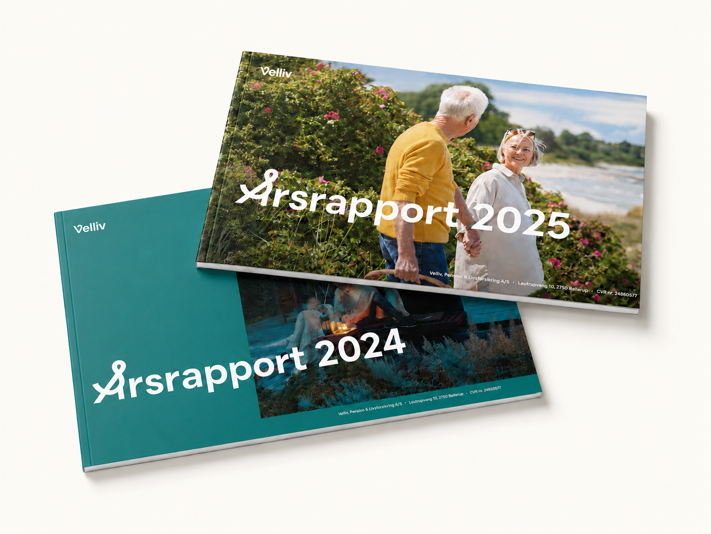 Two annual reports from 2024 and 2025, with the 2025 report showing an elderly couple holding hands outdoors near flowers, and the 2024 report featuring an outdoor night scene with a lantern and a person sitting by a blue boat.