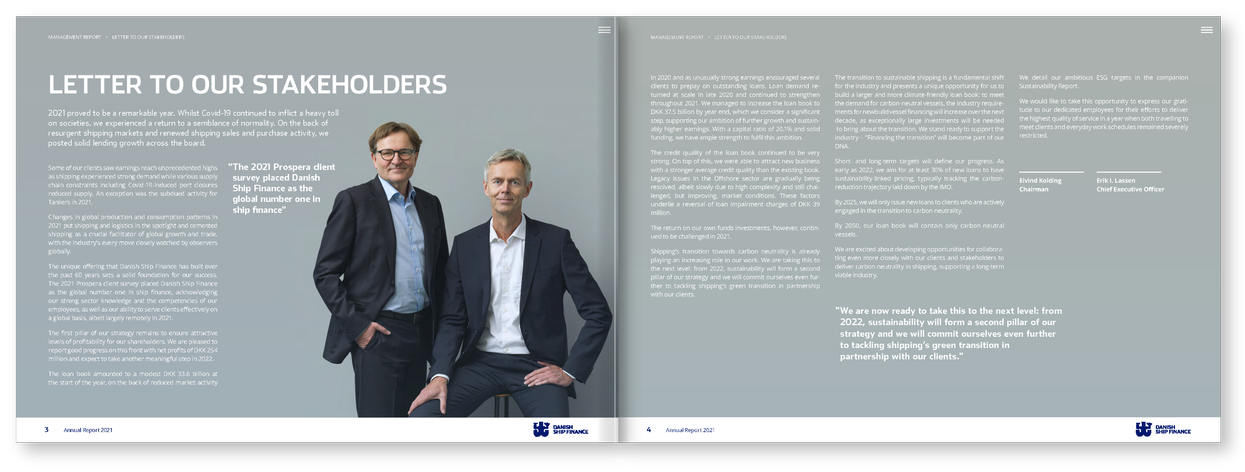 Danish Ship Finance annual report spread with management and strategy content