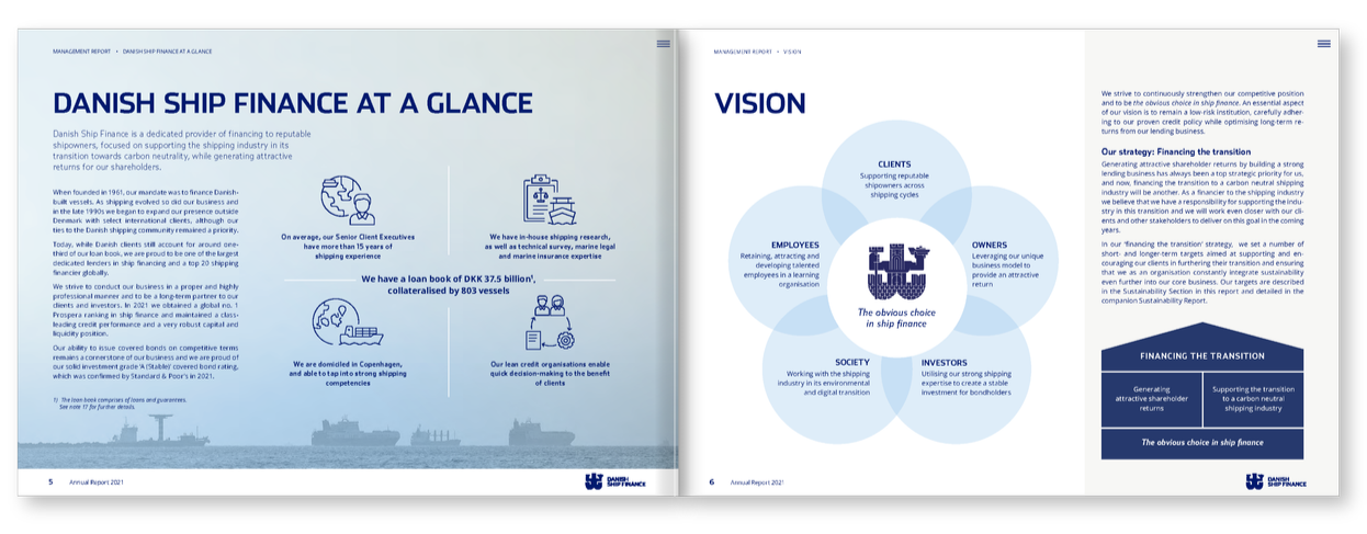 Danish Ship Finance annual report spread with company overview and vision