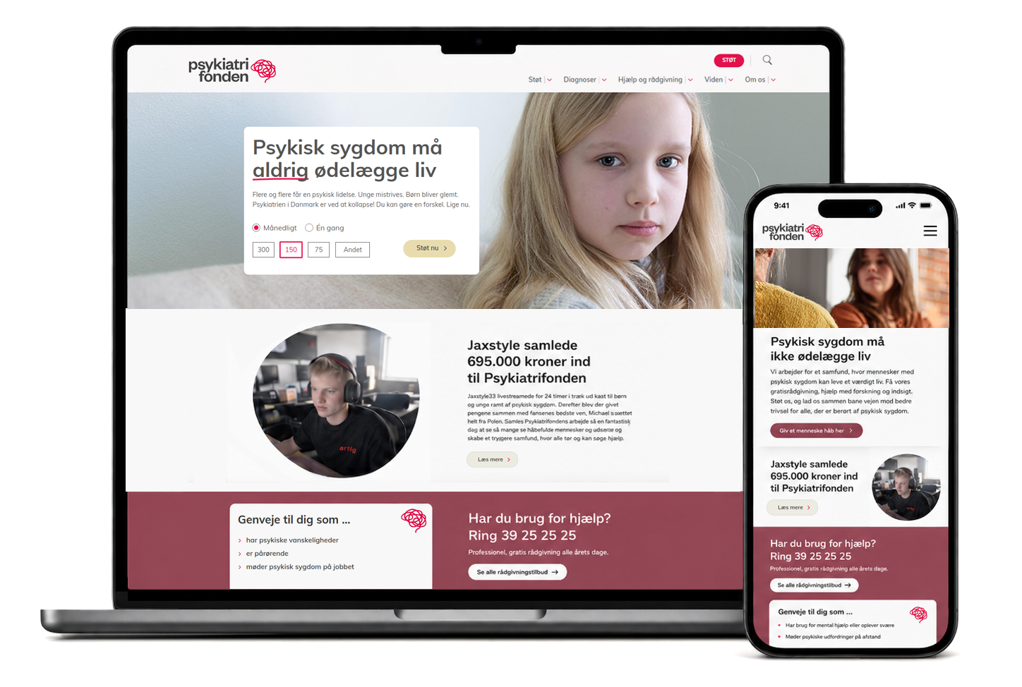 Responsive website display for the Danish mental health organization Psykiatrifonden seen on a laptop and smartphone screens. The homepage features a young girl with blonde hair, text about mental health awareness, donation options, and contact details.