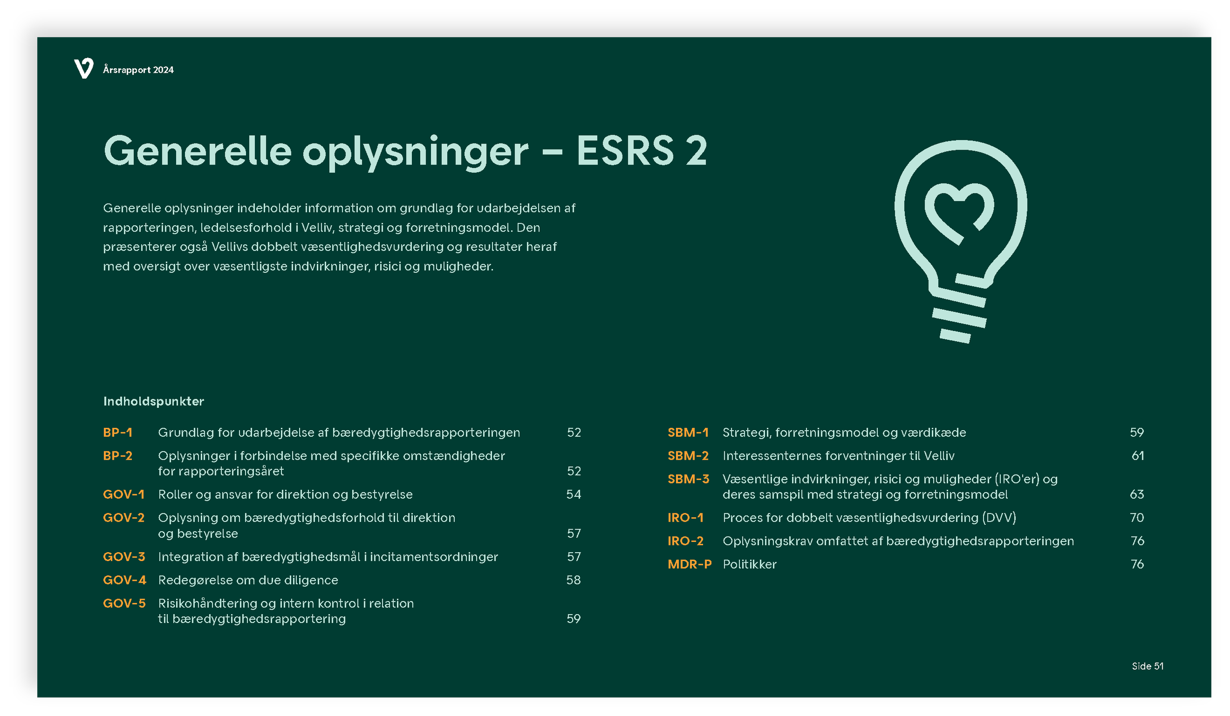 Page from a report titled 'Generelle oplysninger - ESRS 2' with a dark green background and white and orange text, listing sections and page numbers related to sustainability reporting standards.
