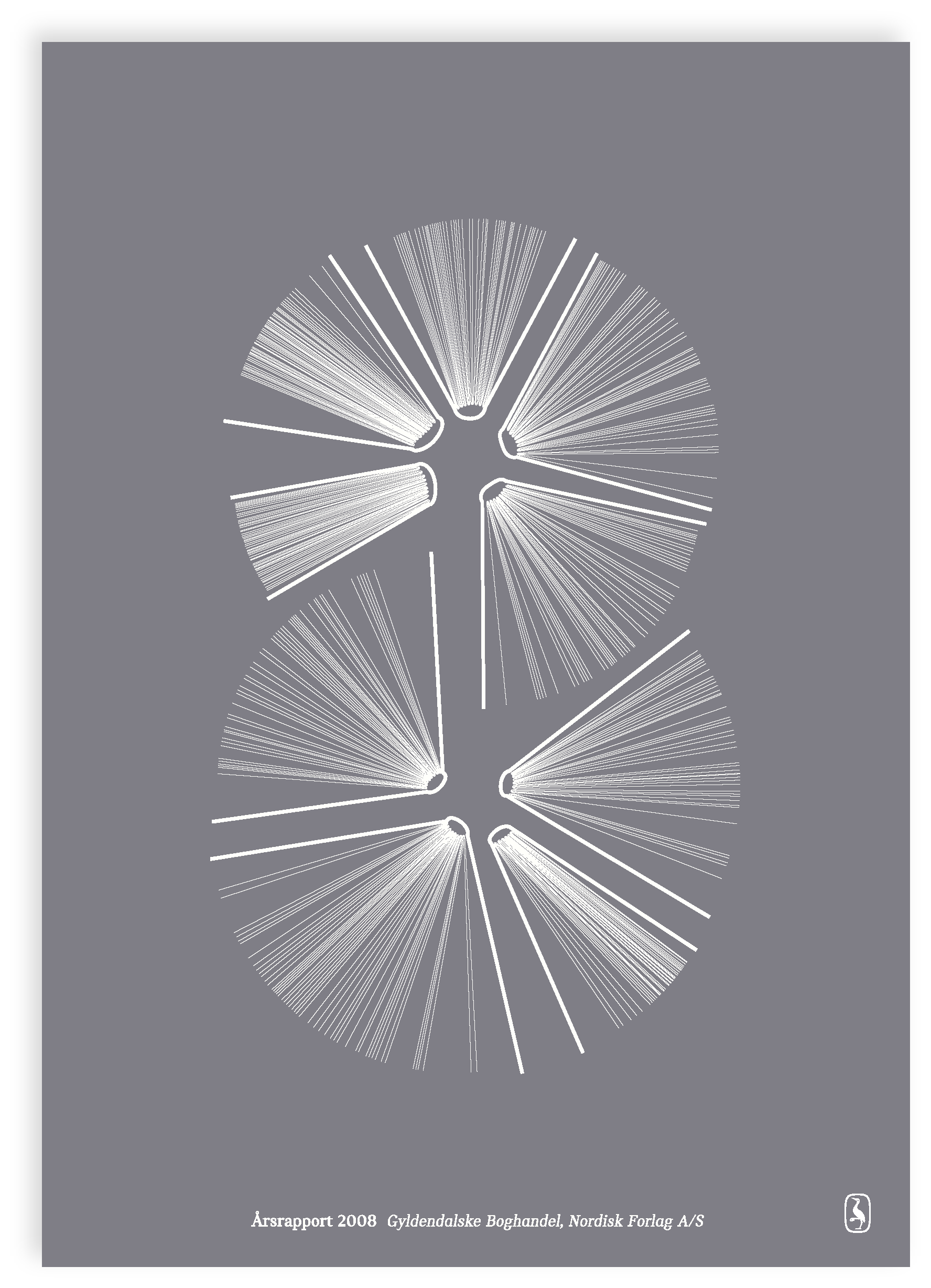 Cover page of a report titled 'Årsrapport 2008'. It features a large, abstract, fan-like design with white lines on a gray background. The bottom of the page has text in Swedish, indicating the report is from 2008, published by Gyldendal's Bookstore, Nordisk Forlag A/S.