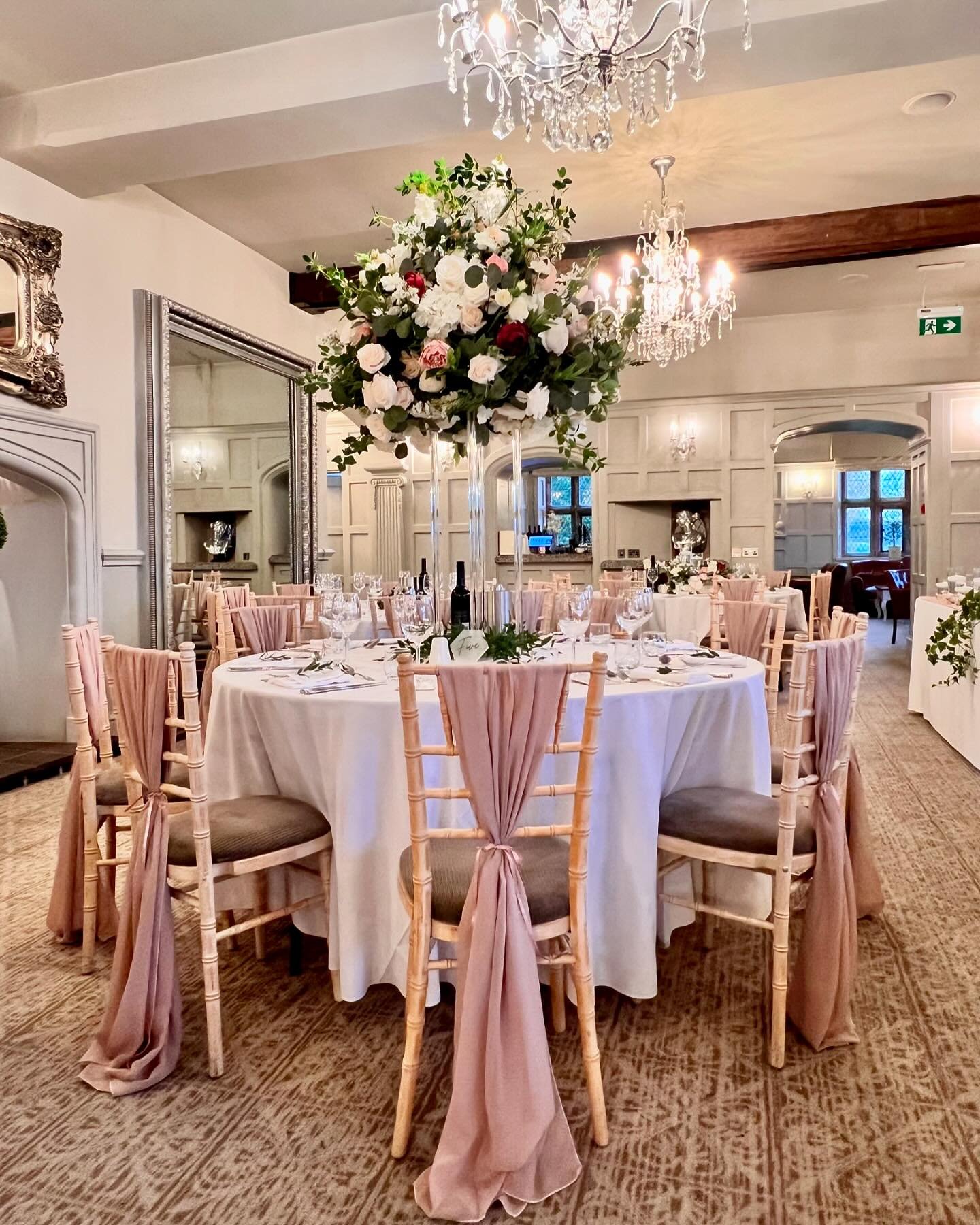 Beth &amp; Kyle. Soft pink chiffon and big bold florals with touches of burgundy and pink created the most romantic feel at @westonhall1 on Saturday. 
#vintagevenuedressing, #westonhallwedding, #westonhall, #wedding,#weddingday, #weddingbreakfast, #w