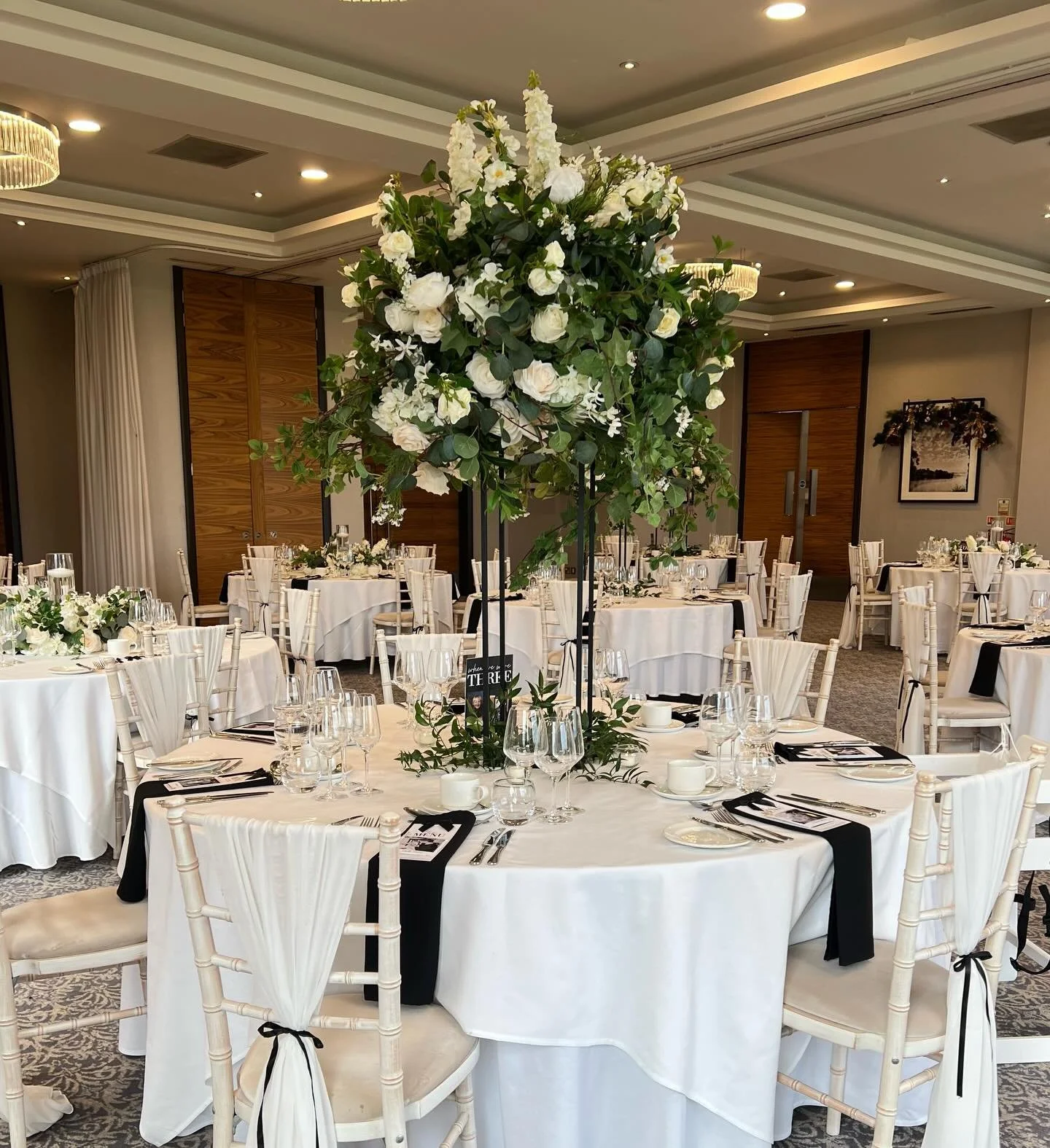 Sarah &amp; Mitch. Such a beautiful wedding yesterday at @rookeryhallhotelspa. Soft white chiffon drapes, big bold florals and super elegant crisp black details created a modern but timeless wedding style. It was a real family affair with a stunning 