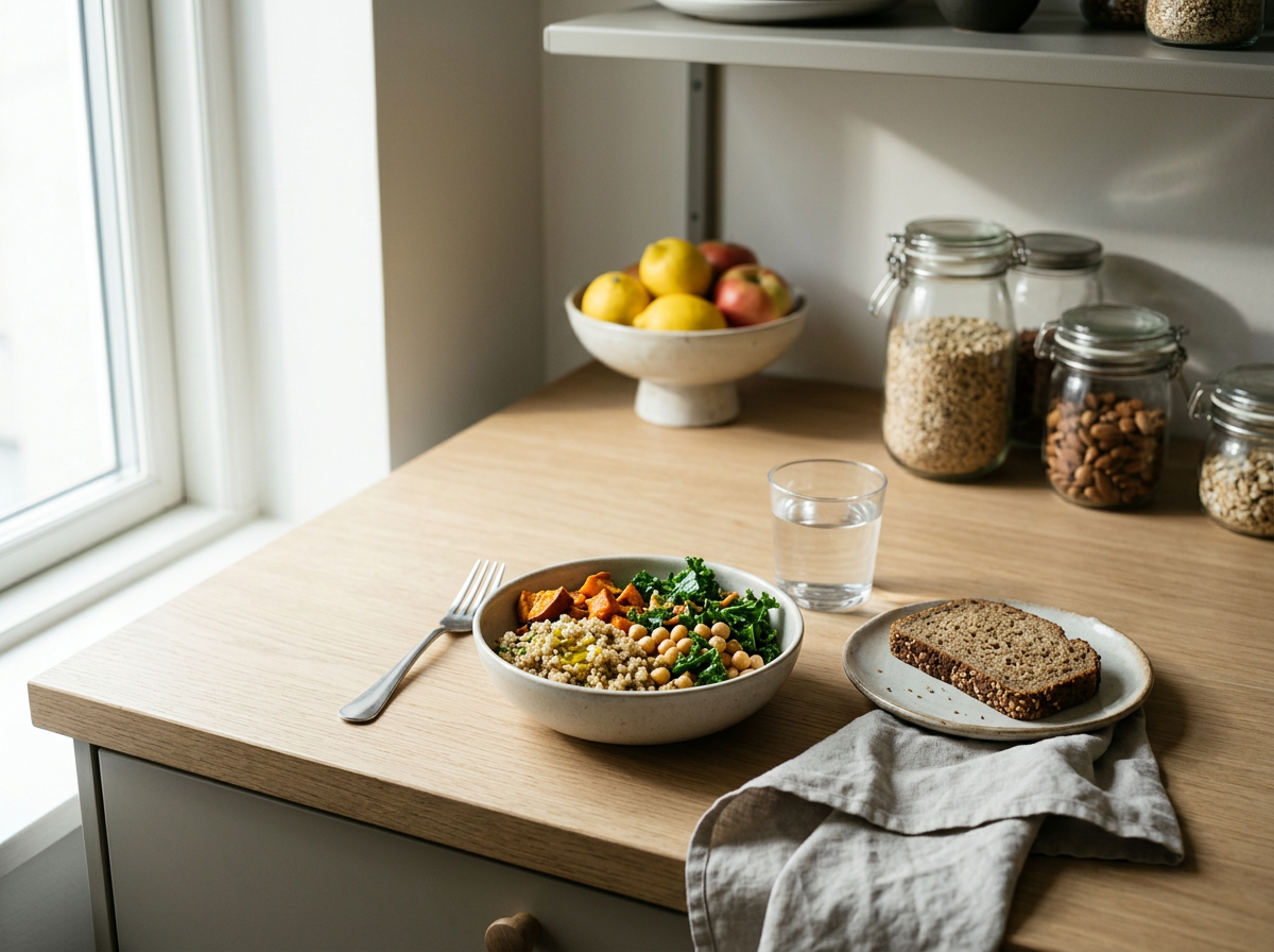 A minimalist kitchen counter with a bowl of salad, a glass of water, a slice of bread on a plate with a towel underneath, and a bowl of fruit near a window. In the background, there are jars of grains and nuts on a shelf.
