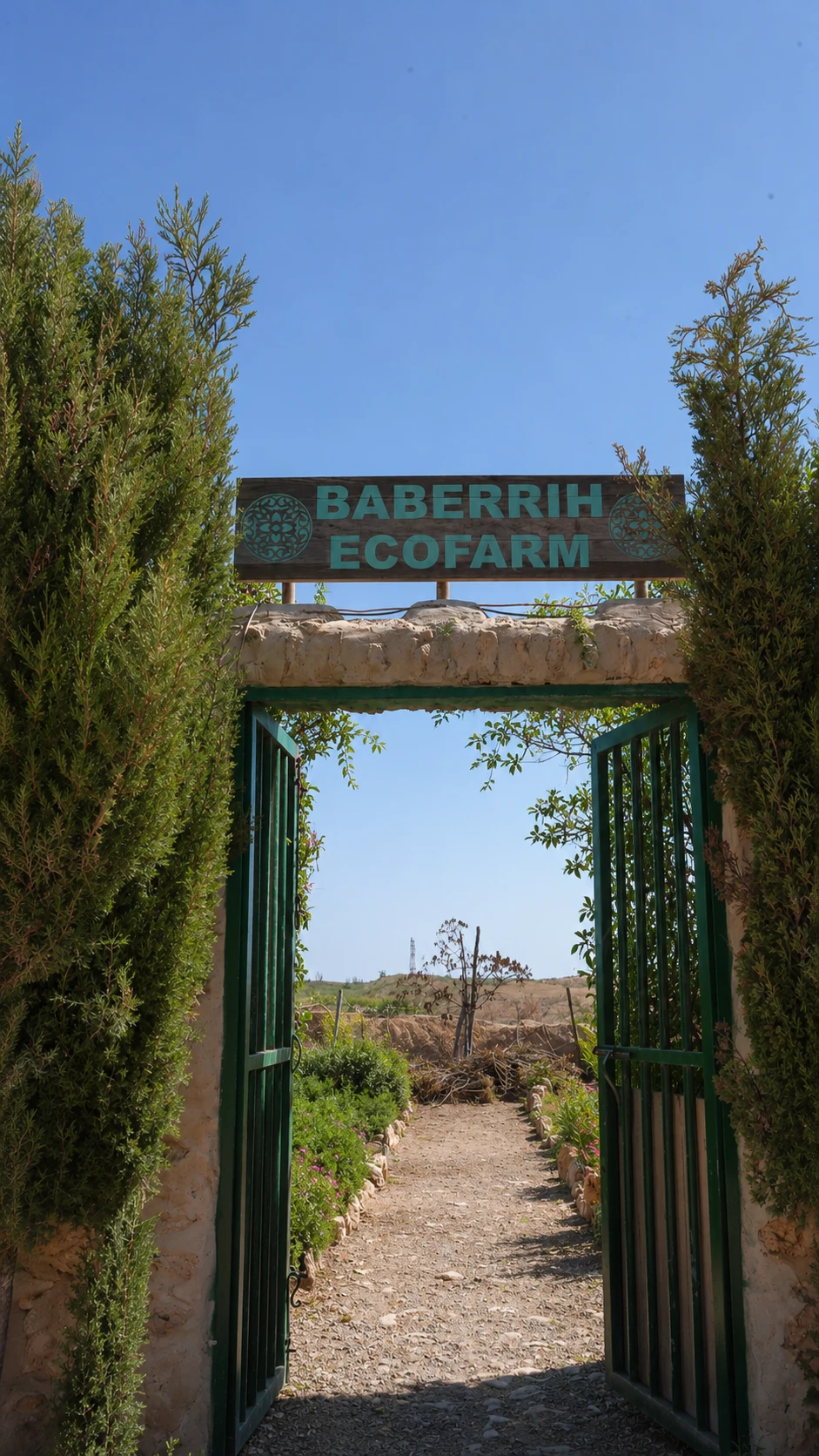 Entrée de l'écofarm avec portail en bois et allée verdoyante — lieu authentique retraite yoga équitation Essaouira Maroc
