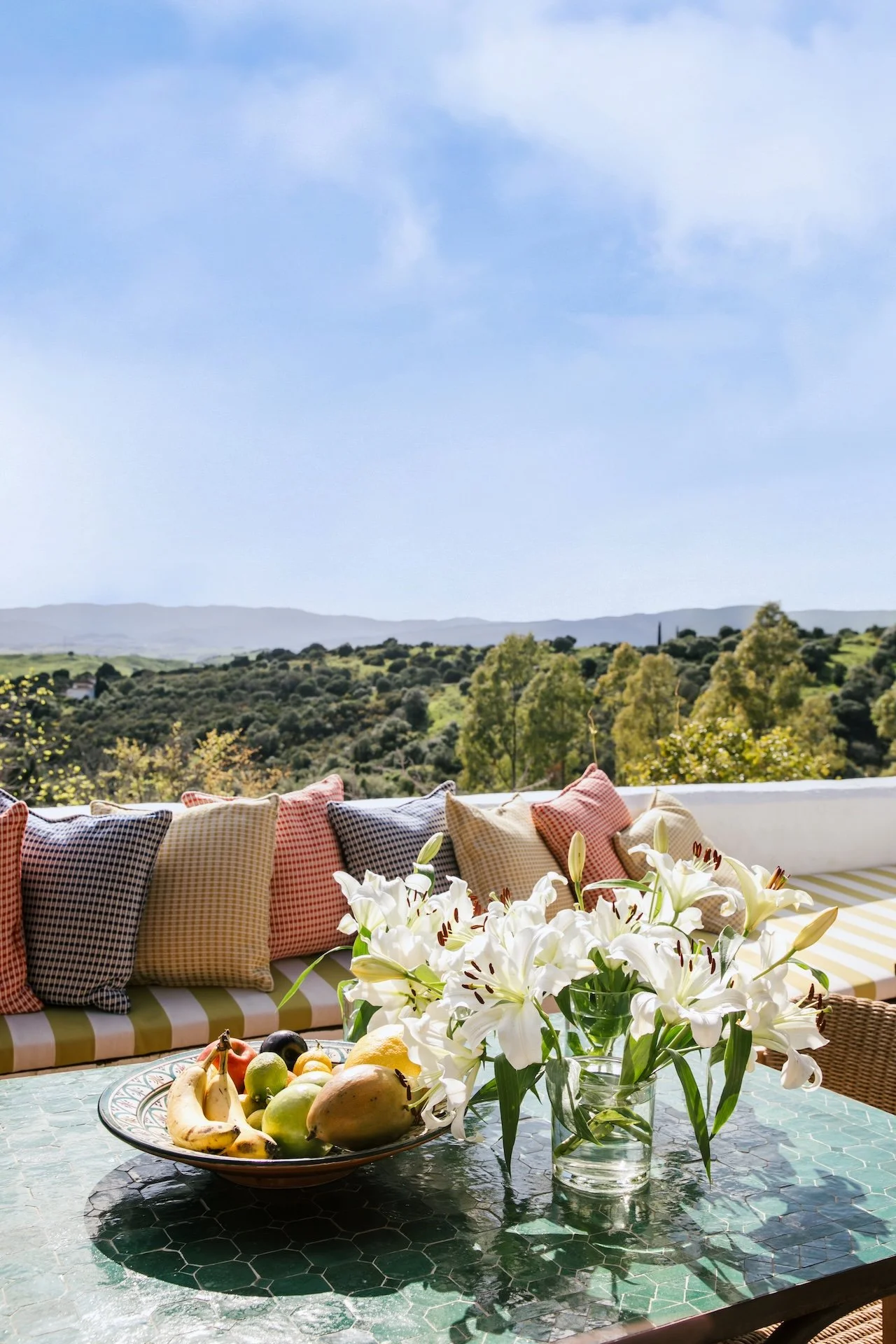 Terrasse fleurie avec vue sur les collines andalouses, coussins colorés et fruits frais — séjour bien-être yoga Espagne été 2026