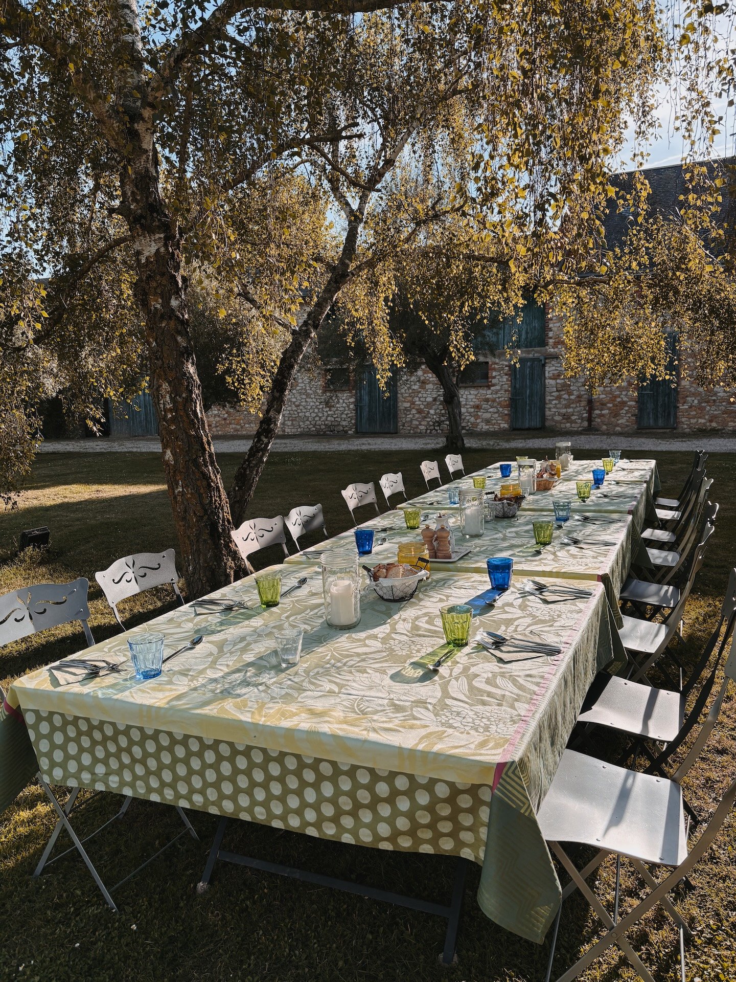 Longue table dressée en plein air sous les arbres du parc de Solterre — repas végétarien convivial retraite yoga Kundalini et chamanisme proche de Paris 2026