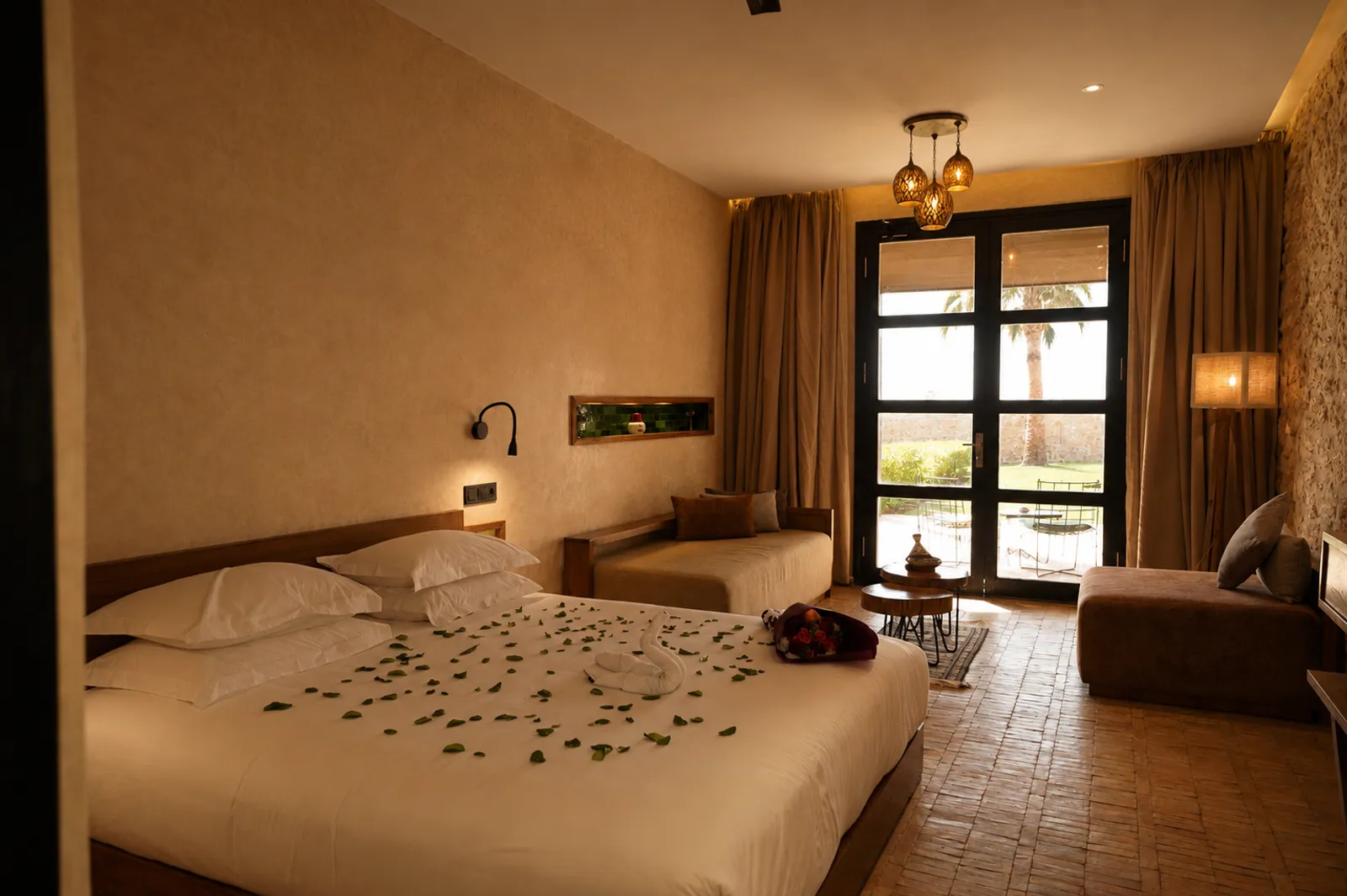 Chambre twin avec pétales de rose et lumière dorée — hébergement authentique retraite yoga bien-être Essaouira Maroc